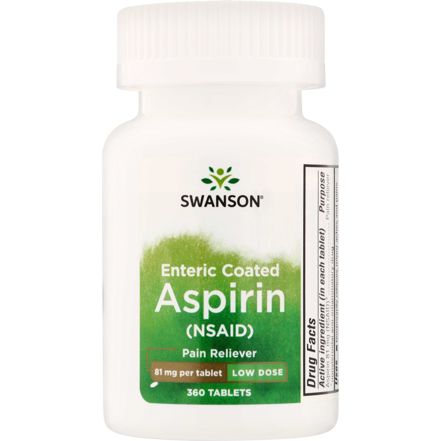 SWT001 | Swanson Enteric Coated Aspirin NSAID, 81 mg low dose per tablet, 360 tablets bottle front