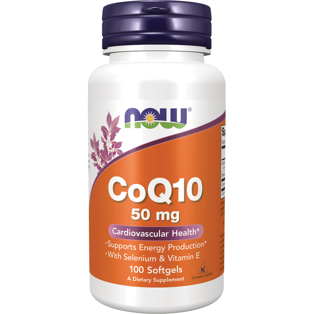 NWF1041 | NOW CoQ10 50 mg white bottle with orange label, 100 softgels, cardiovascular health supplement - Thumbnail