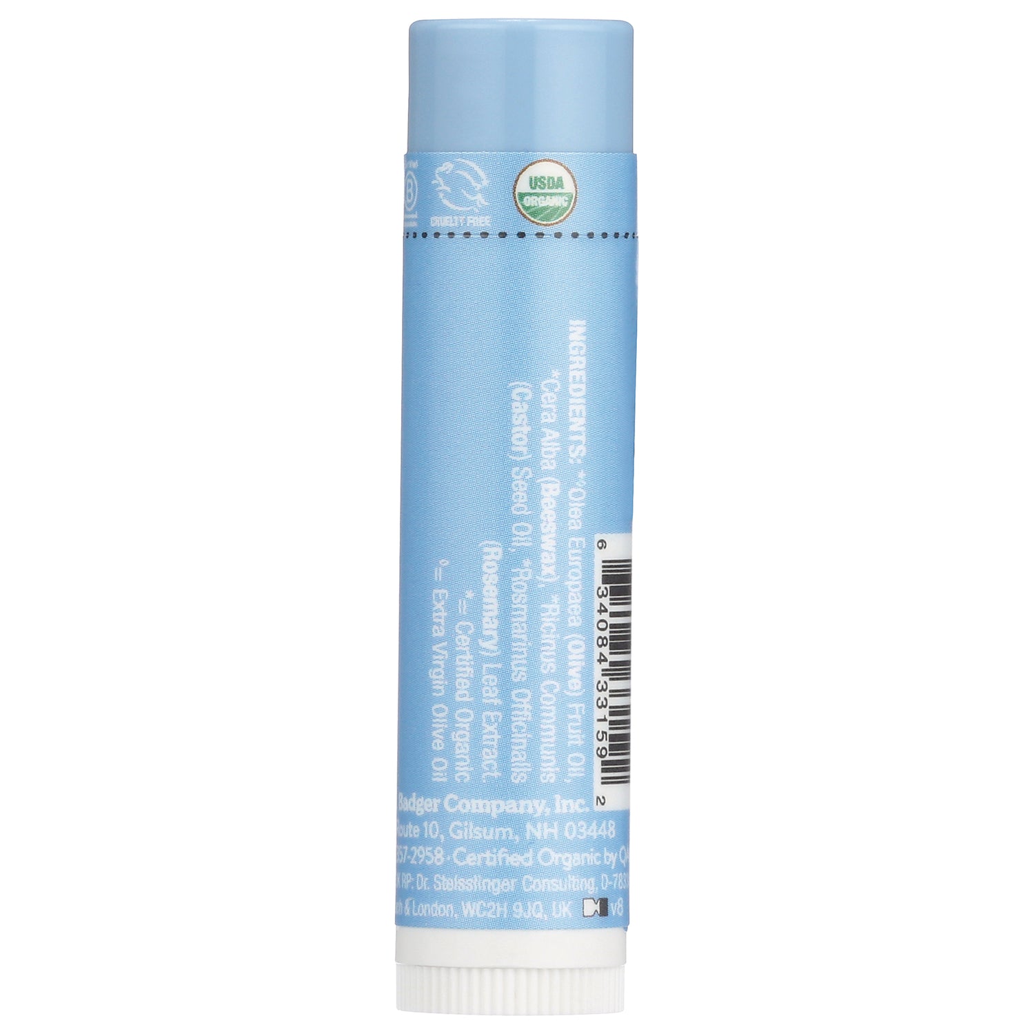 Blue lip balm tube back showing ingredients text, barcode and USDA Organic logo