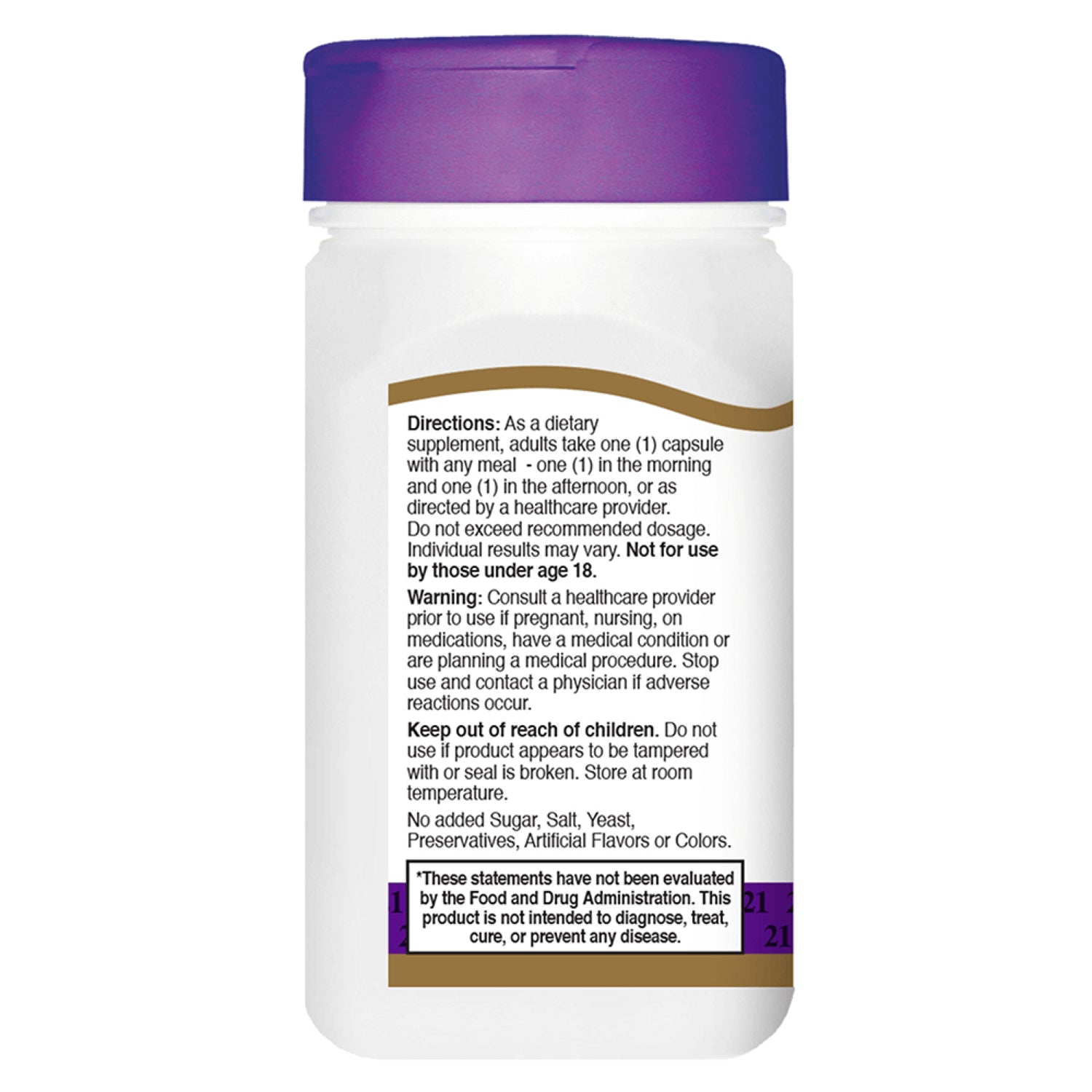 CNT046 | Back label showing directions, warnings, and supplement facts text on white bottle with purple cap