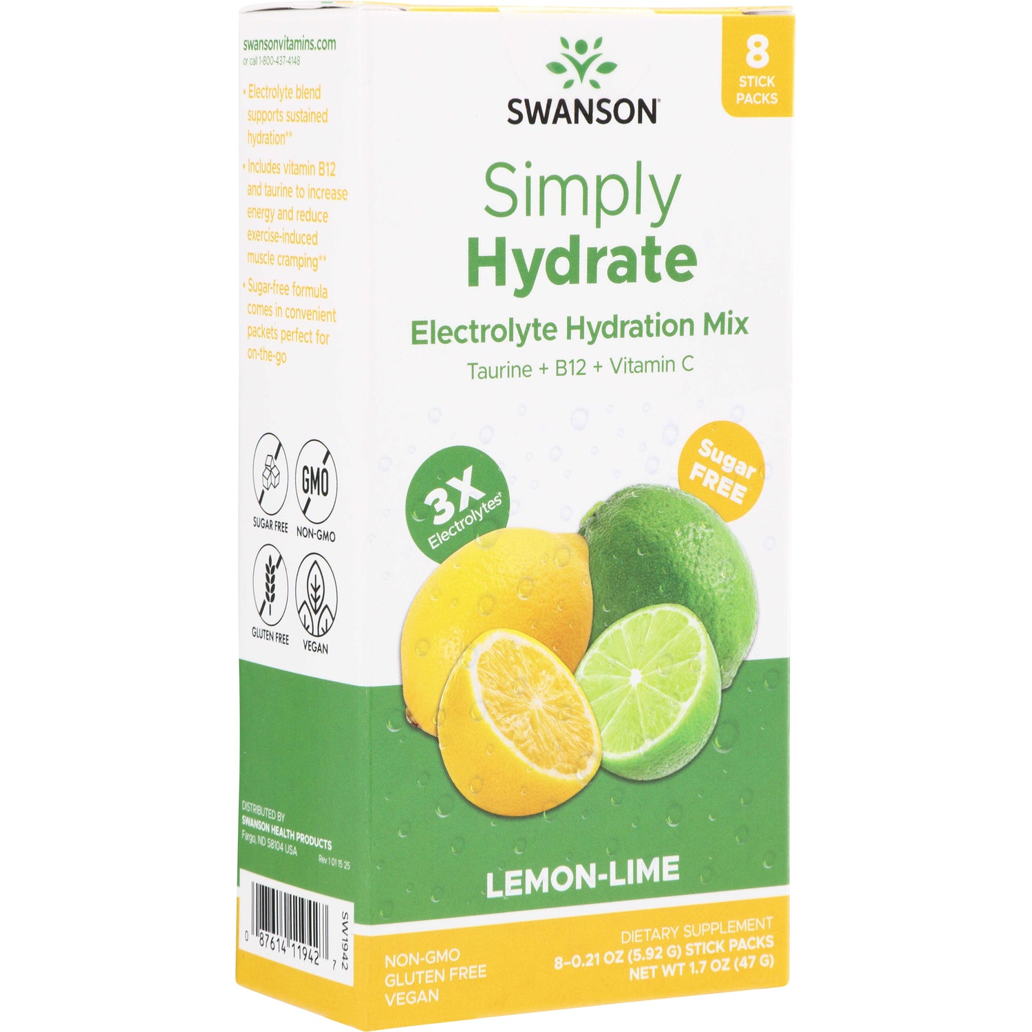 SW1942 | Swanson Simply Hydrate Electrolyte Hydration Mix, Lemon-Lime flavor, 8 stick packs, sugar free