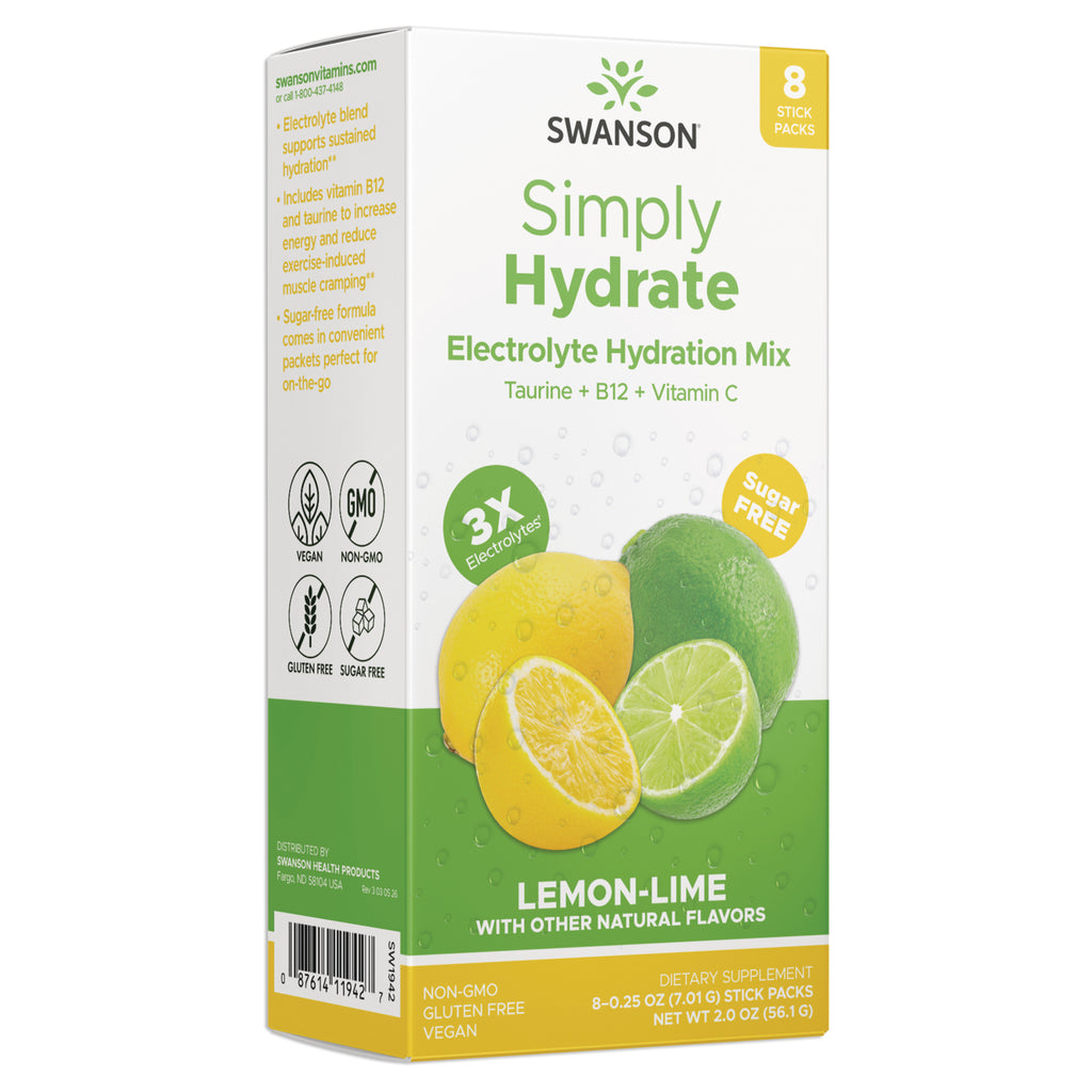 SW1942 | Swanson Simply Hydrate Electrolyte Hydration Mix, Lemon-Lime flavor, 8 stick packs, sugar free - Thumbnail