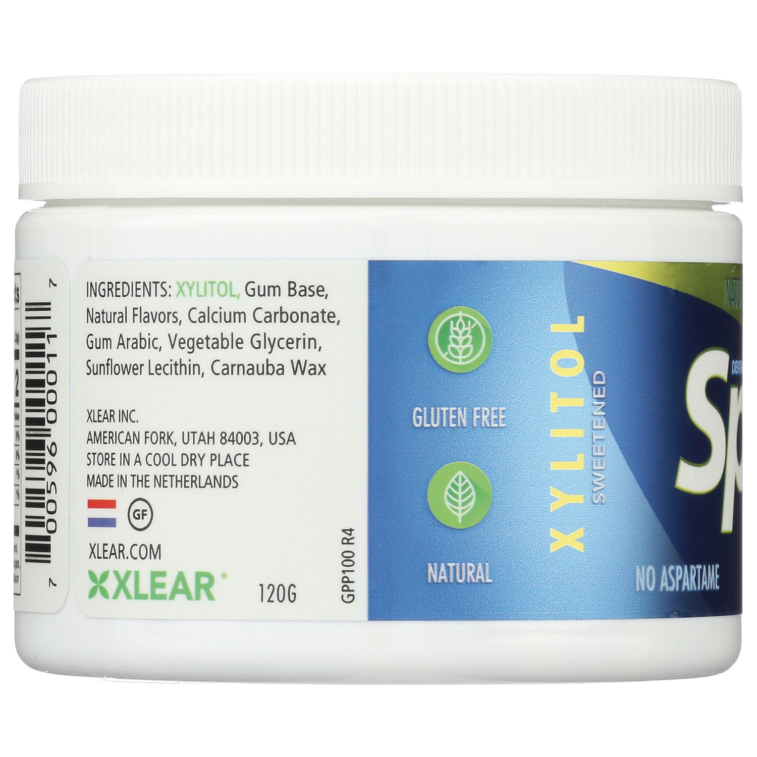 XL005 | Back of xylitol gum container showing ingredients, Gluten Free, Natural, No Aspartame