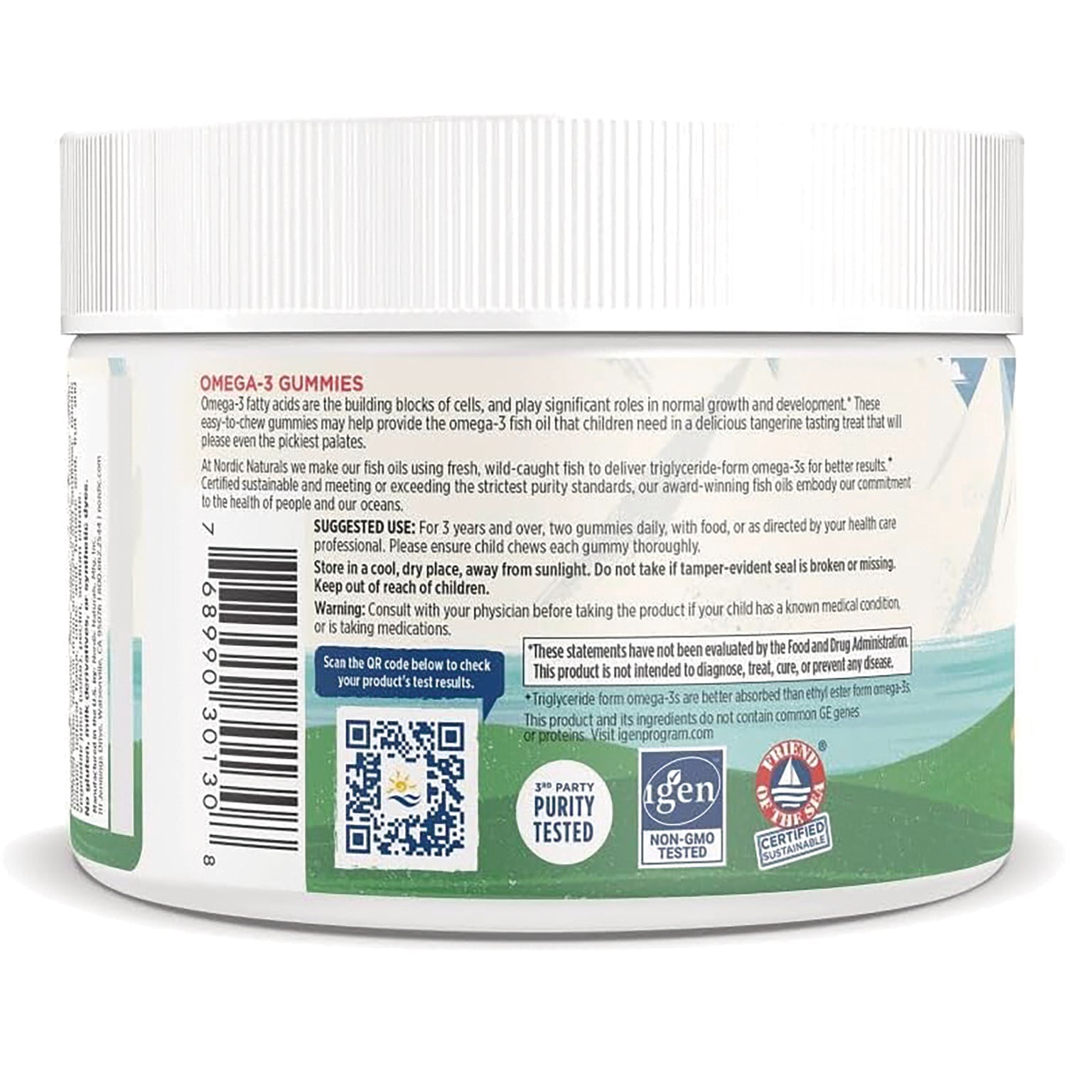 NRN016 | Back label of omega-3 gummies jar showing supplement facts, barcode, QR code, and usage directions