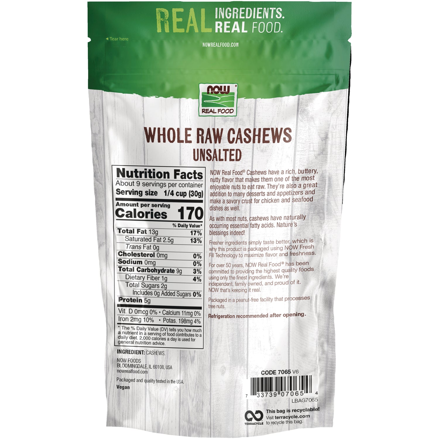 NWF1160 | Back of Now Real Food Whole Raw Cashews unsalted pouch showing nutrition facts, ingredients, and barcode