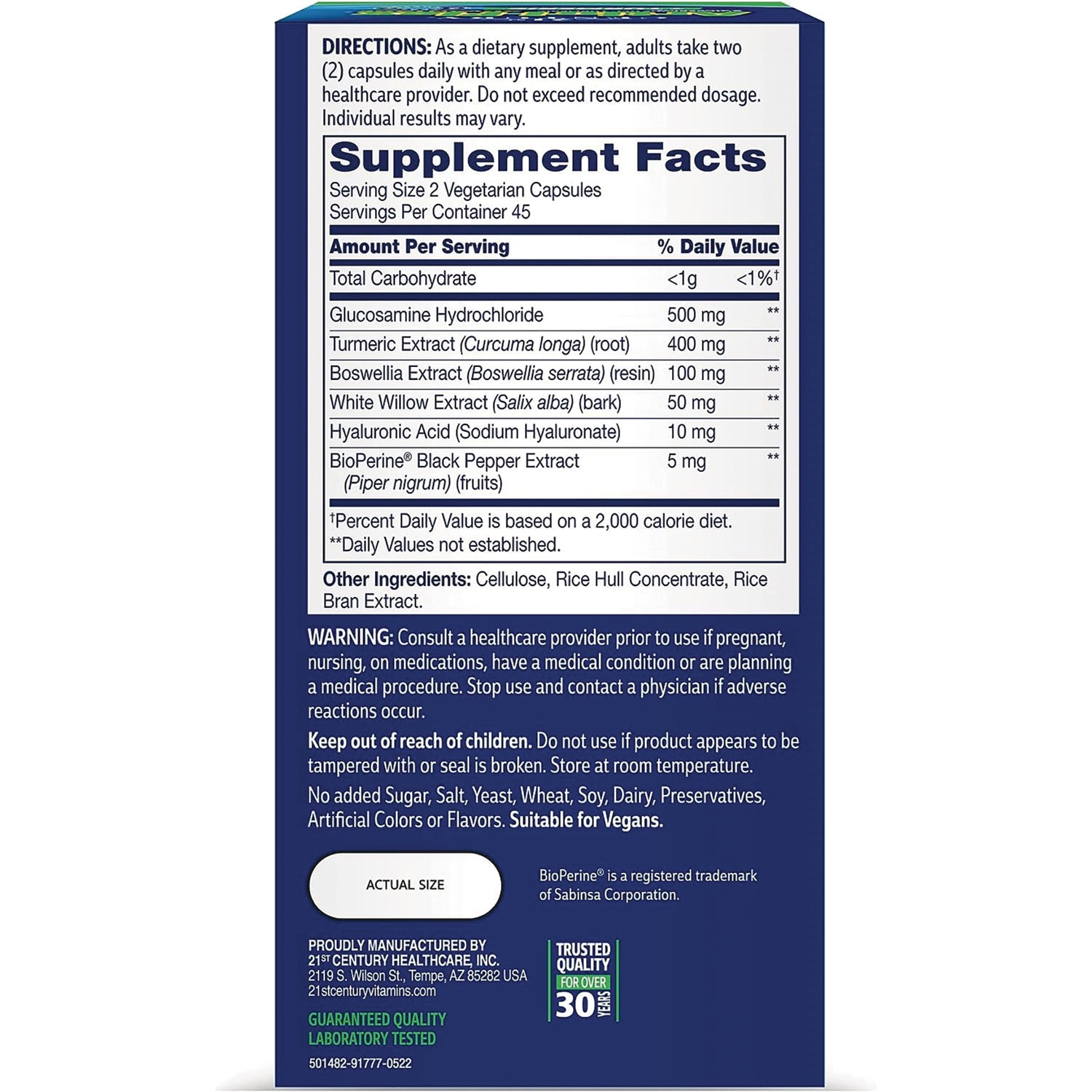 CNT277 | back panel showing Supplement Facts table, serving size, ingredients, directions, warnings and actual size oval