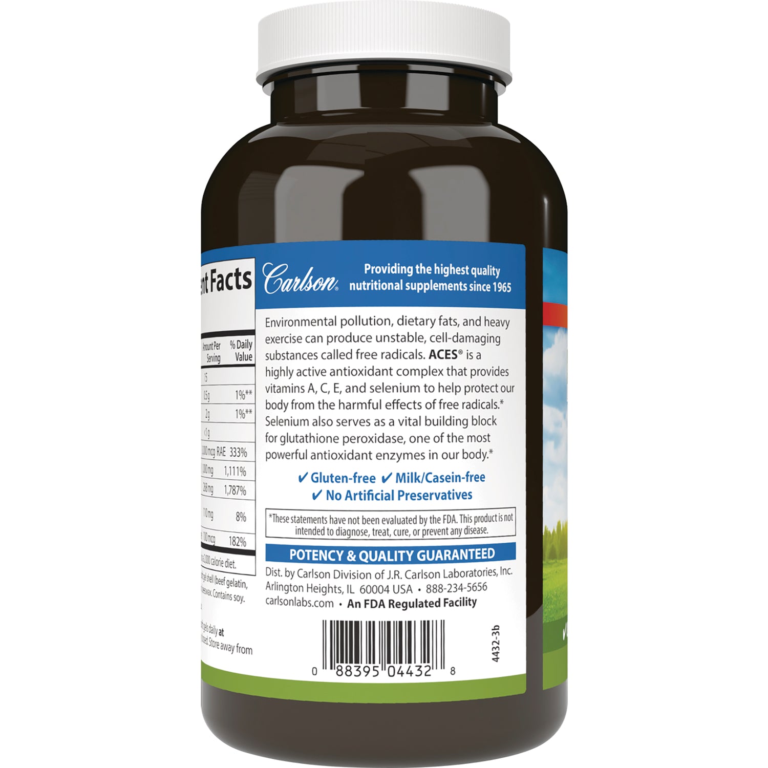 CSN066 | back label of brown supplement bottle showing supplement facts, product claims gluten-free milk/casein-free and barcode