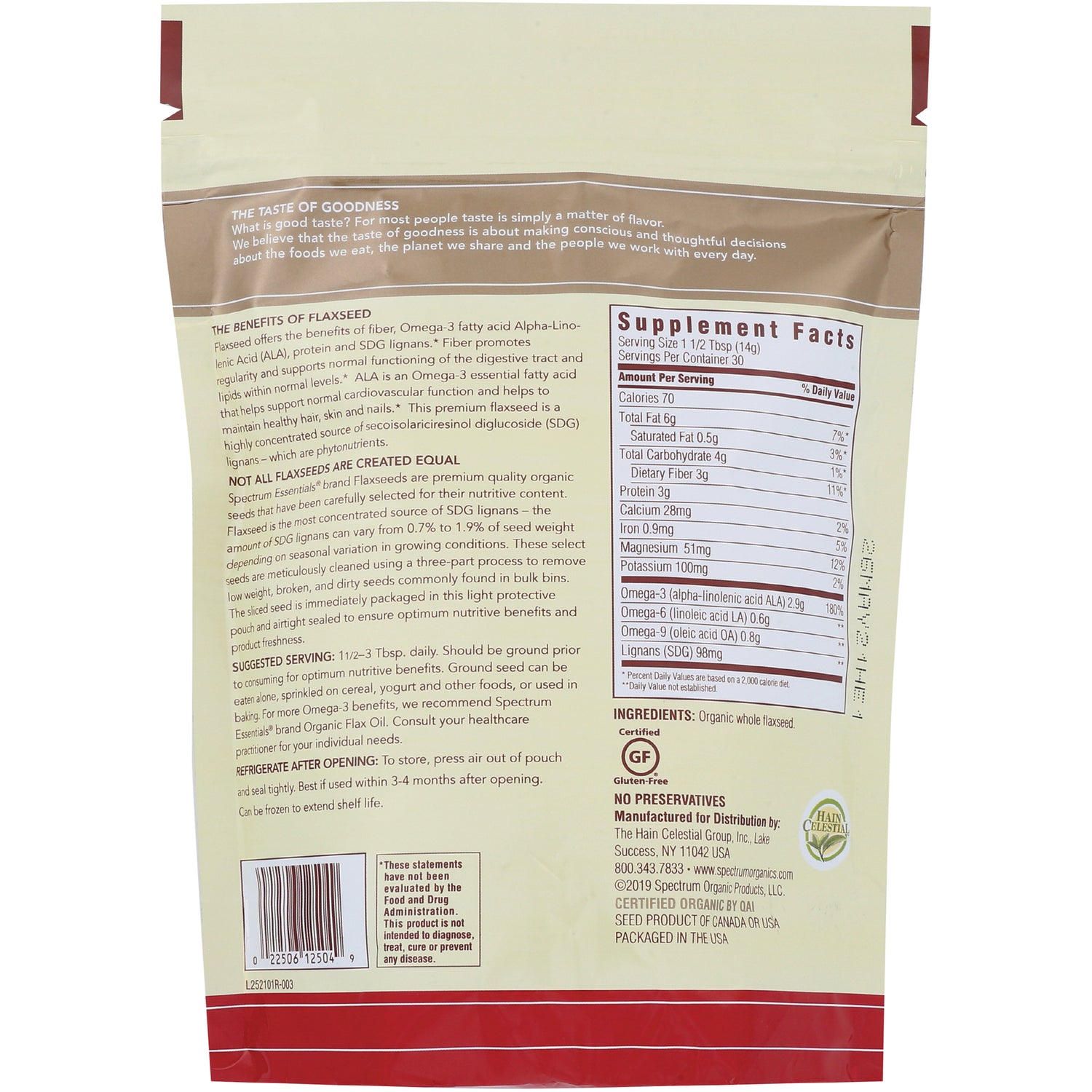 SP036 | Back of product package showing Supplement Facts, ingredients, certifications, and usage info