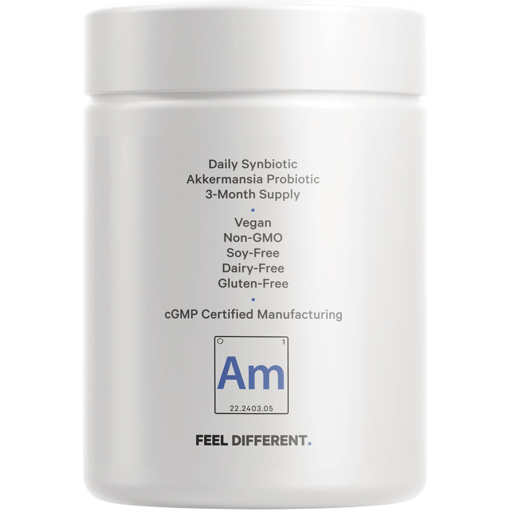 CDG005 | Back label of white supplement jar listing Daily Synbiotic Akkermansia probiotic 3-month supply; vegan non-GMO soy-free dairy-free gluten-free - Thumbnail