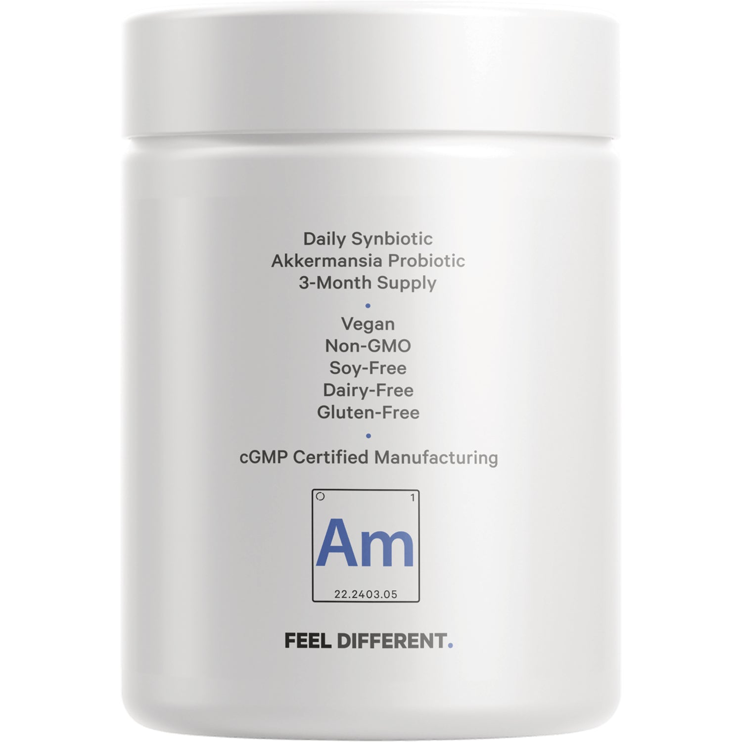 CDG005 | Back label of white supplement jar listing Daily Synbiotic Akkermansia probiotic 3-month supply; vegan non-GMO soy-free dairy-free gluten-free