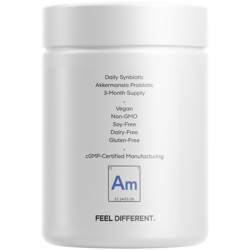 CDG005 | Back label of white supplement jar listing Daily Synbiotic Akkermansia probiotic 3-month supply; vegan non-GMO soy-free dairy-free gluten-free - Thumbnail