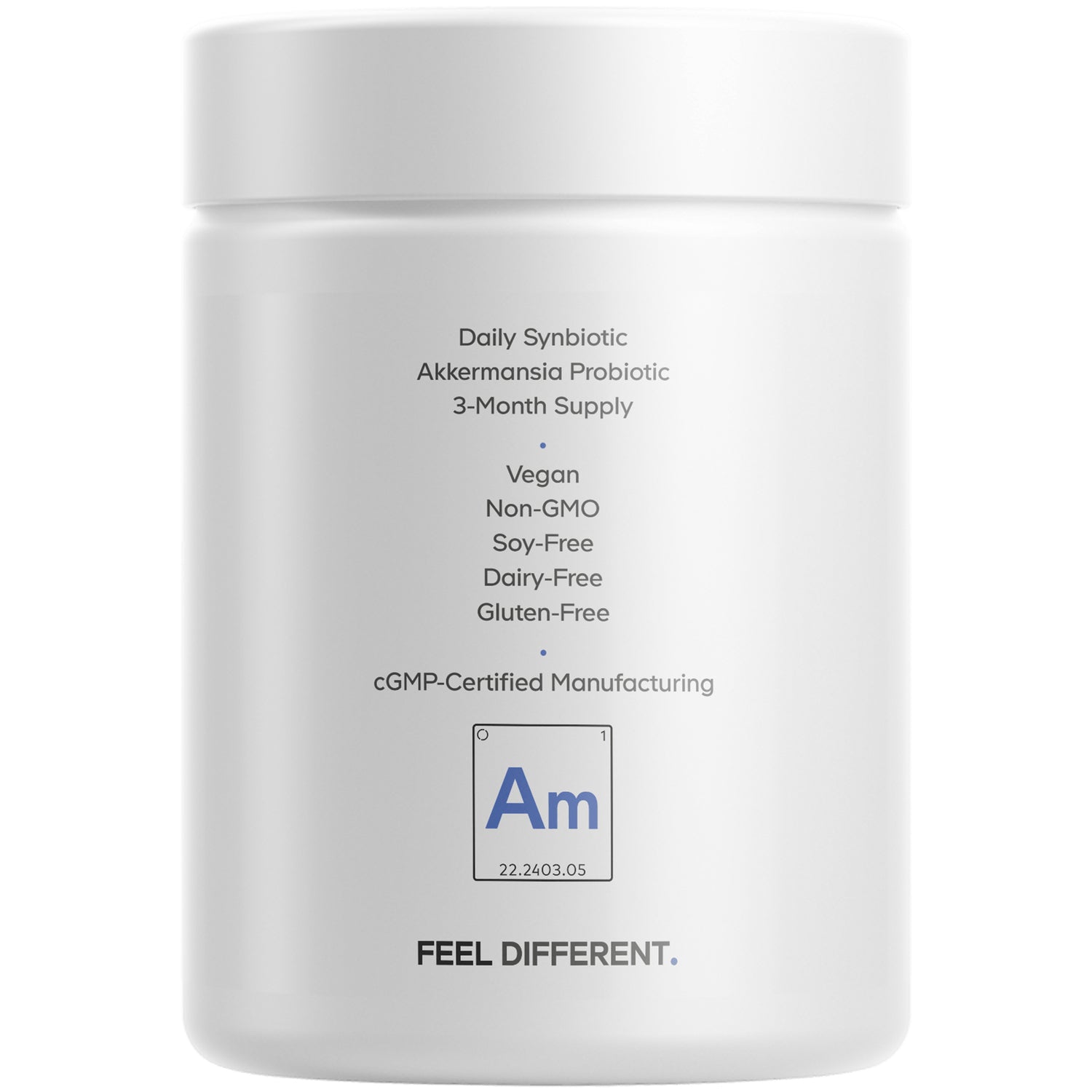 CDG005 | Back label of white supplement jar listing Daily Synbiotic Akkermansia probiotic 3-month supply; vegan non-GMO soy-free dairy-free gluten-free