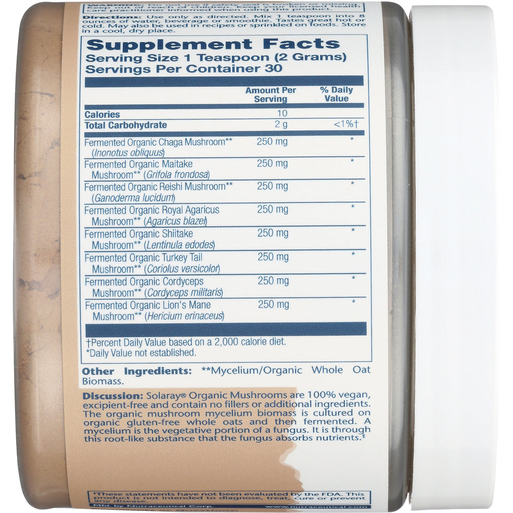 SLR458 | Back label with Supplement Facts and ingredients for Solaray Organic Mushrooms powder - Thumbnail