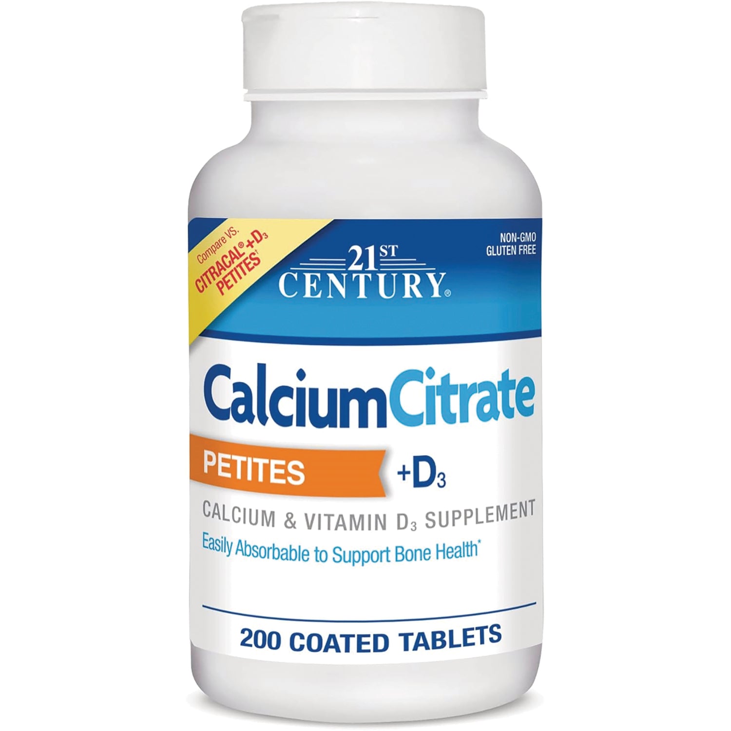 CNT279 | White bottle of 21st Century Calcium Citrate Petites +D3 supplement label showing 200 coated tablets