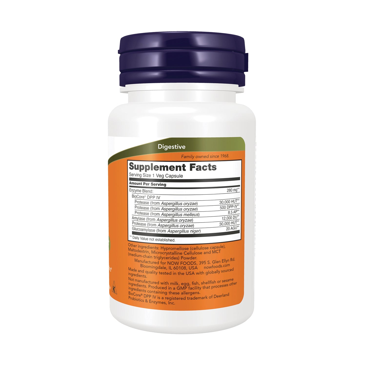 NWF751 | Back of white supplement bottle showing Supplement Facts label for digestive enzymes and ingredient text