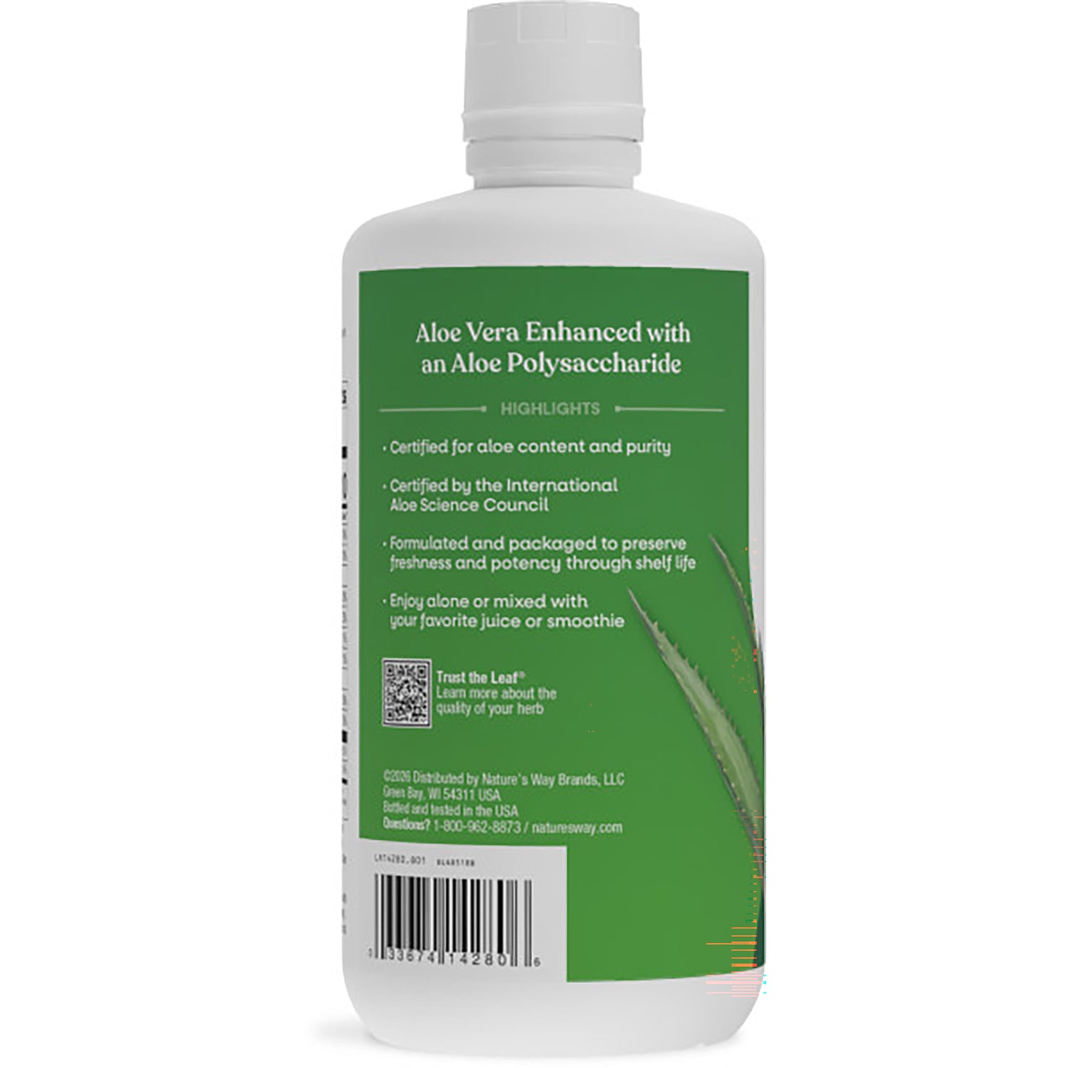 NW715 | Back of white bottle with green label reading Aloe Vera Enhanced with a Proprietary Aloe Polysaccharide and barcode