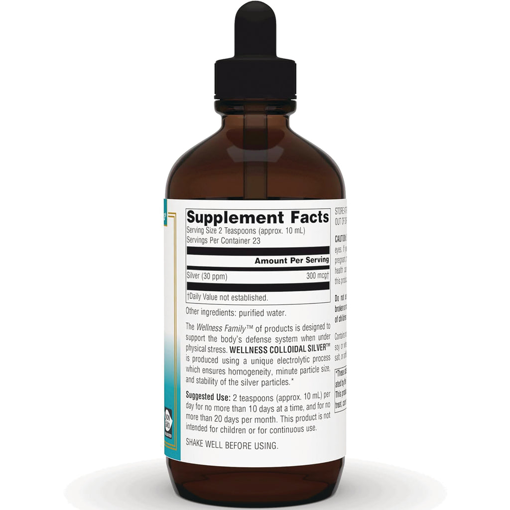 SN756 | Back of colloidal silver liquid supplement bottle showing Supplement Facts and usage directions - Thumbnail