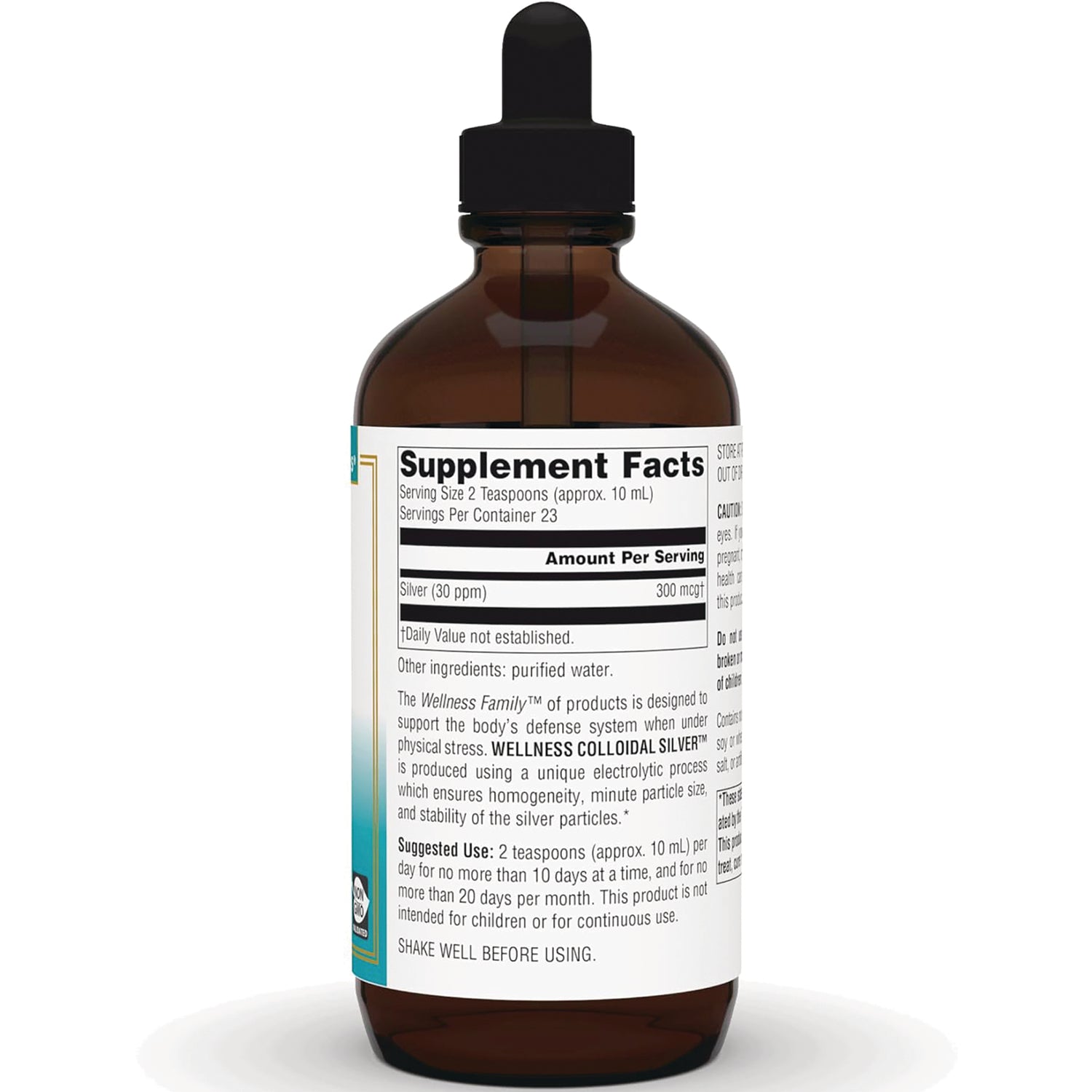 SN756 | Back of colloidal silver liquid supplement bottle showing Supplement Facts and usage directions