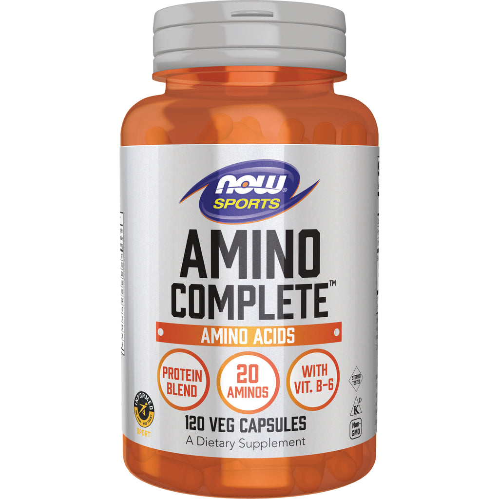 NWF725 | NOW Sports Amino Complete supplement bottle front showing label AMINO COMPLETE, 120 veg capsules, 20 aminos, with Vit. B-6 - Thumbnail