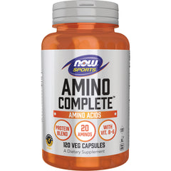NWF725 | NOW Sports Amino Complete supplement bottle front showing label AMINO COMPLETE, 120 veg capsules, 20 aminos, with Vit. B-6