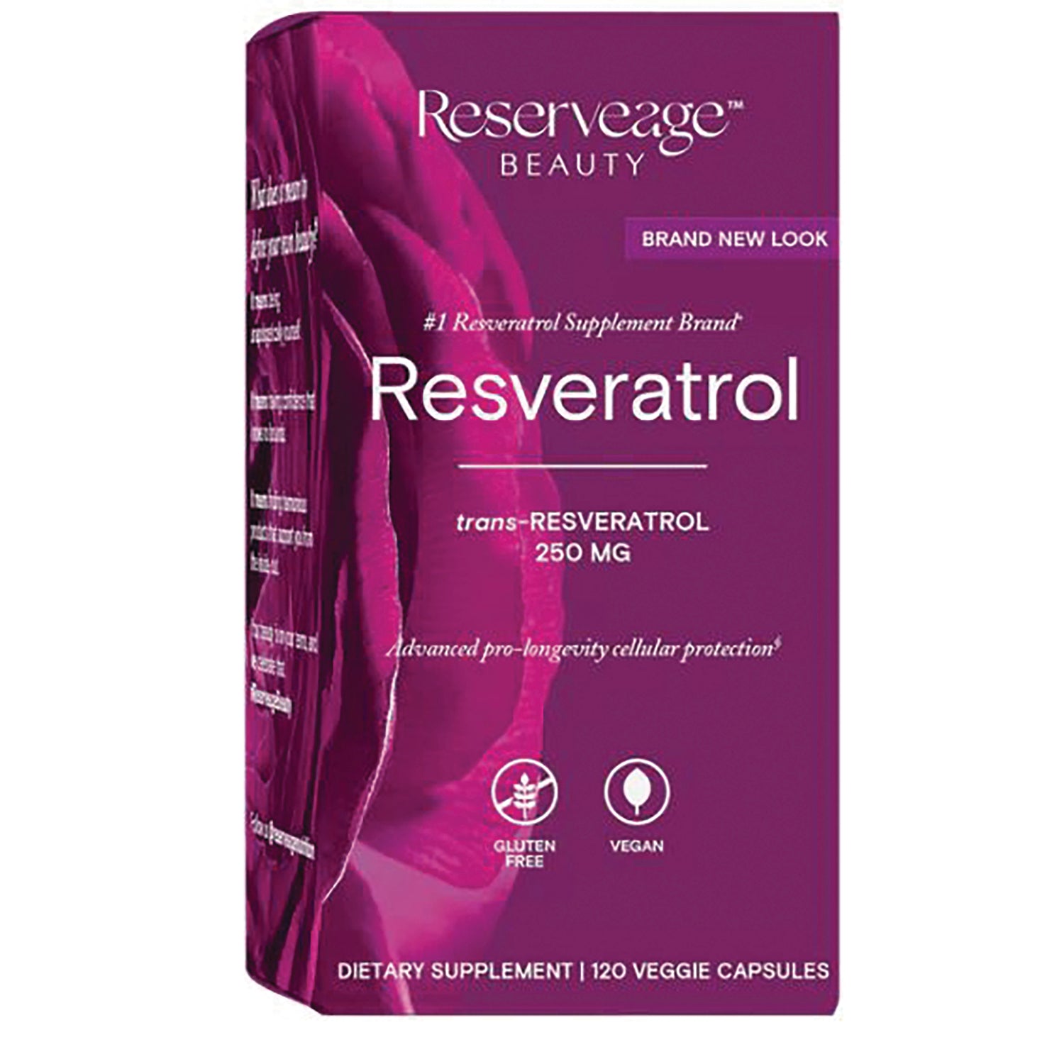 RSA037 | Reserveage Beauty Resveratrol 250 MG purple supplement box, 120 veggie capsules, gluten free and vegan icons