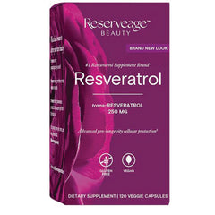RSA037 | Reserveage Beauty Resveratrol 250 MG purple supplement box, 120 veggie capsules, gluten free and vegan icons