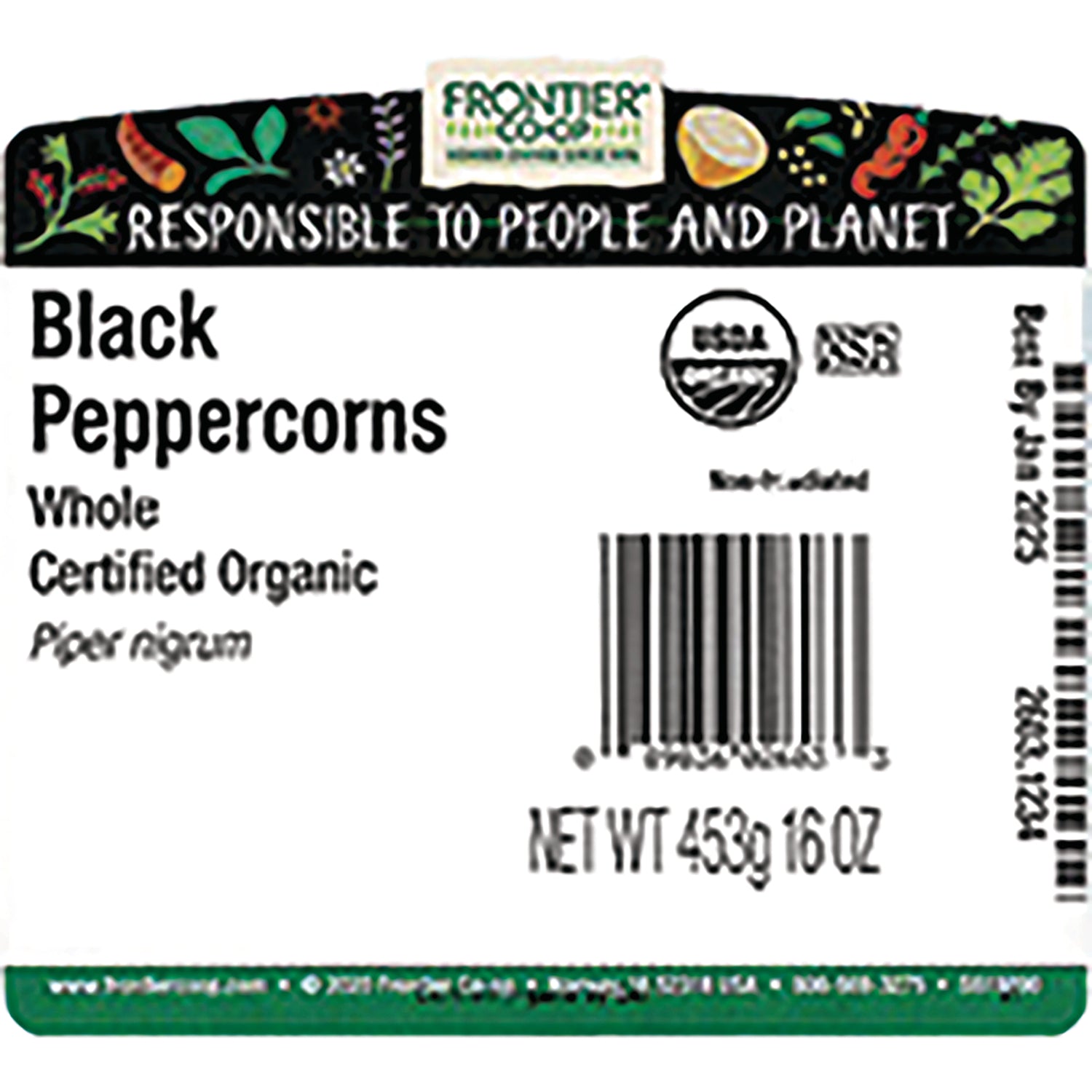 FNP039 | back label for Frontier Co-op Black Peppercorns whole certified organic showing barcode and NET WT 453g 16 OZ