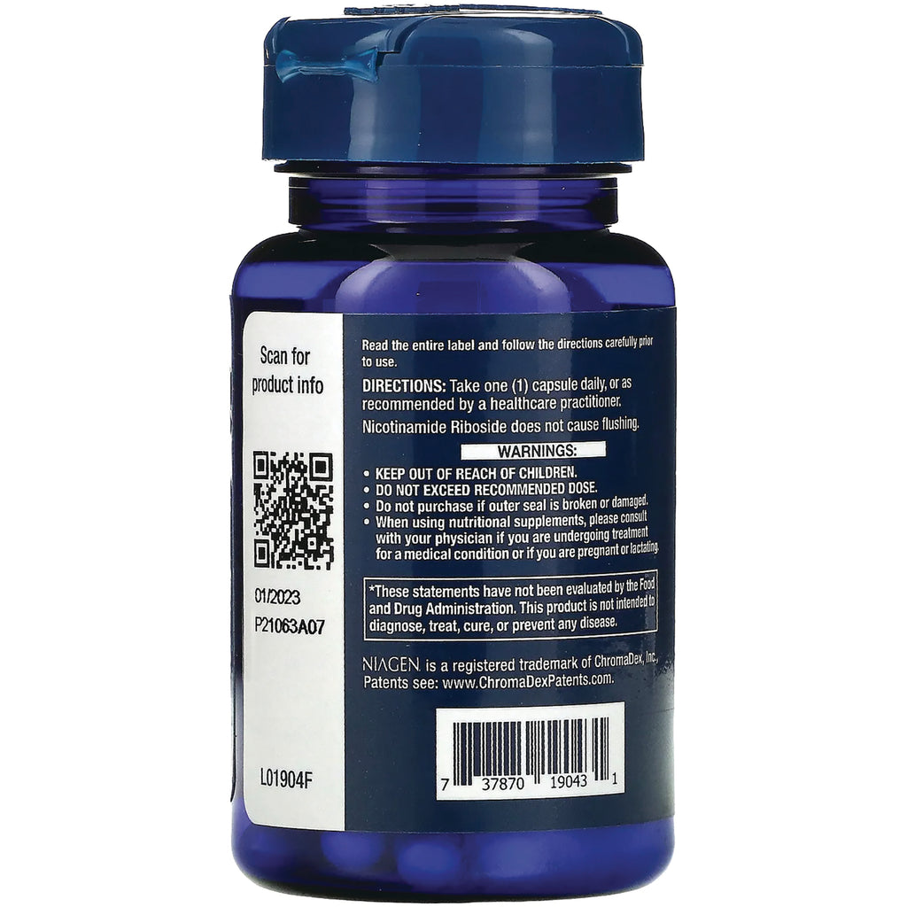 LE468 | Back label of blue supplement bottle showing directions, warnings, QR code and barcode - Thumbnail