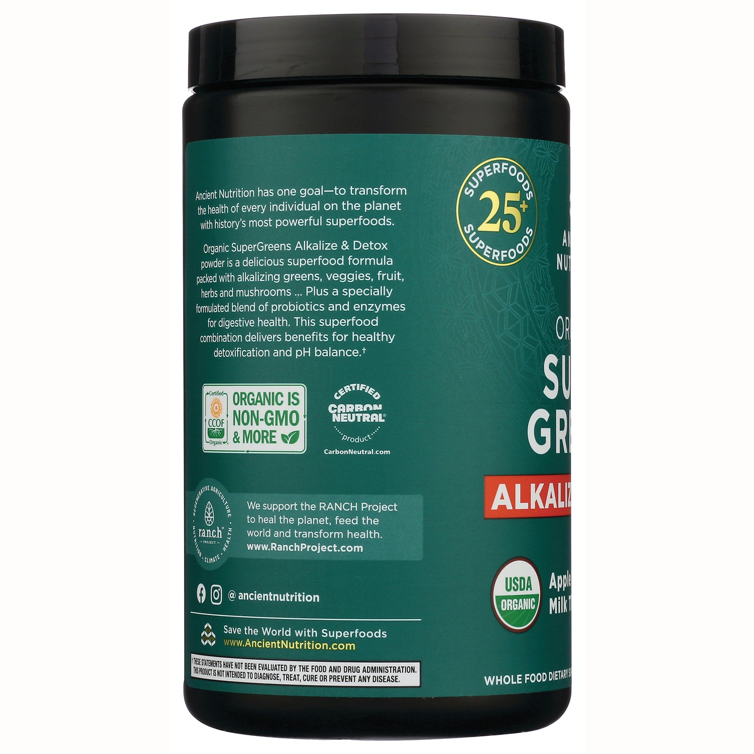 ATN110 | Back label of green supplement tub showing organic, non-GMO, carbon neutral and USDA Organic badges and text