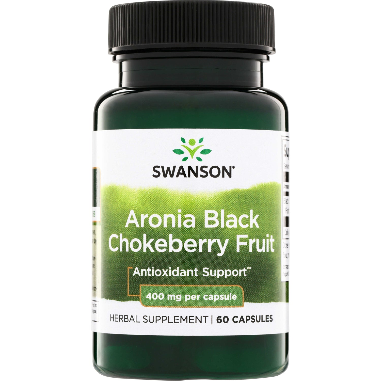 SW1296 | Swanson Aronia Black Chokeberry Fruit supplement bottle, Antioxidant Support, 400 mg per capsule, 60 capsules