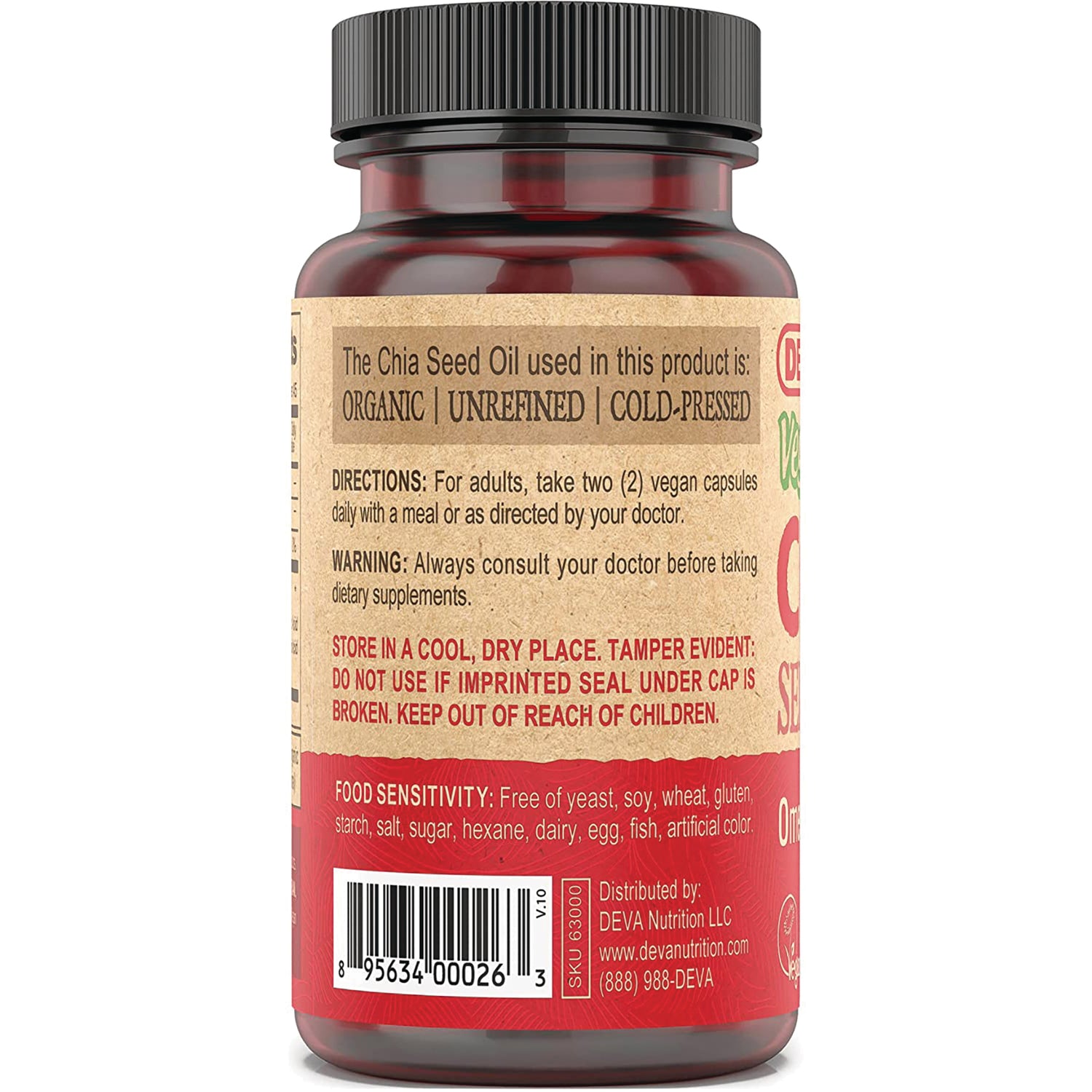 DEV014 | Back label of supplement bottle showing directions, warning, storage instructions, food sensitivity note and barcode