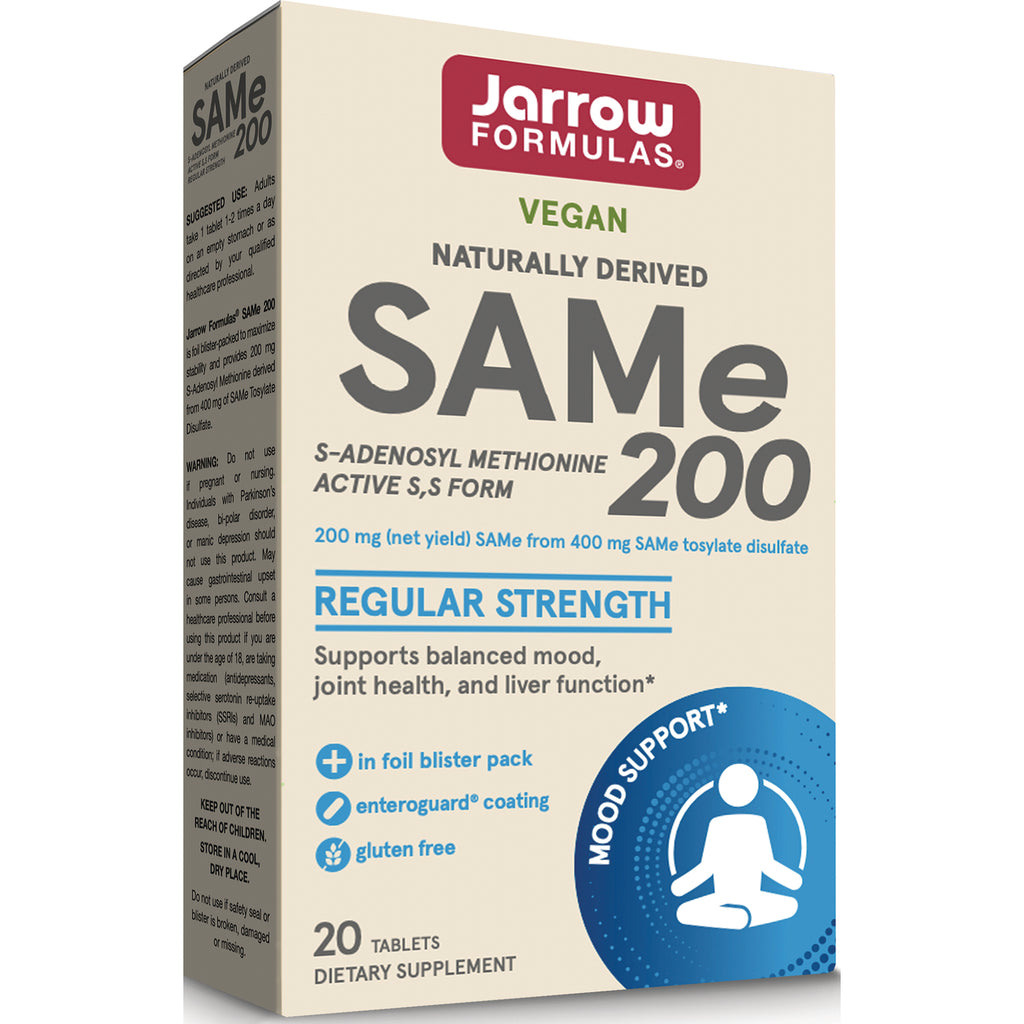 JR209 | Jarrow Formulas SAMe 200 regular strength supplement box, 20 tablets, front packaging - Thumbnail