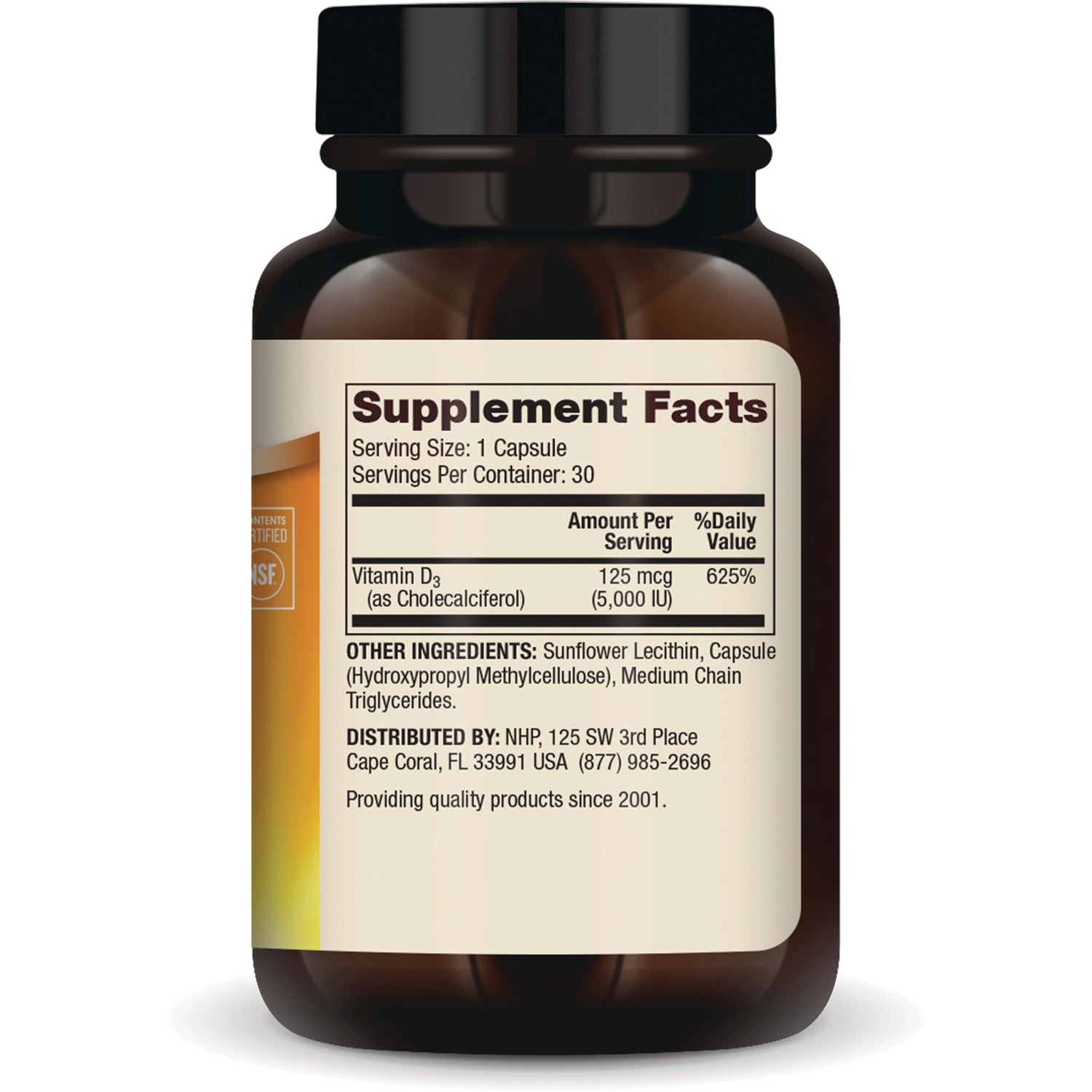 MRC063 | Supplement Facts panel showing serving size 1 capsule and Vitamin D3 5,000 IU