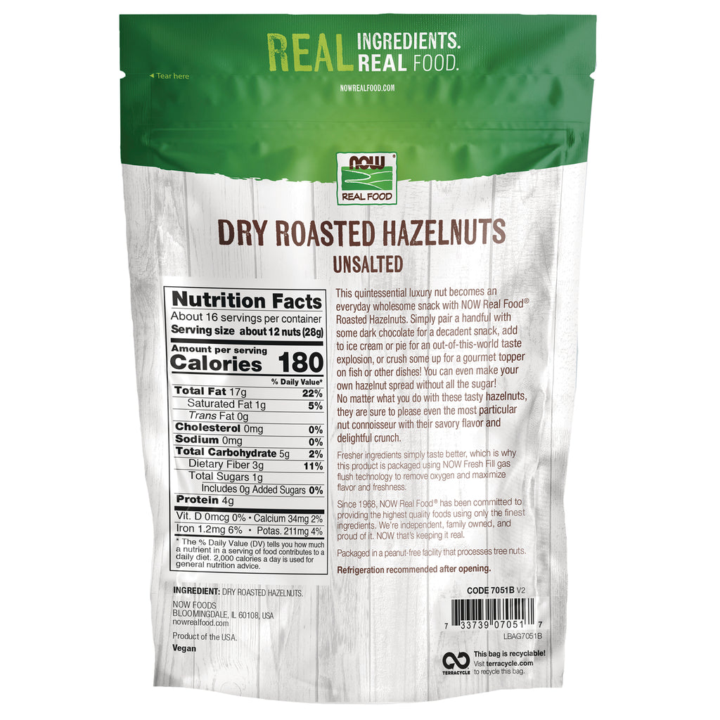 NWF1423 | Back of bag showing nutrition facts, ingredient panel, and text for unsalted dry roasted hazelnuts - Thumbnail