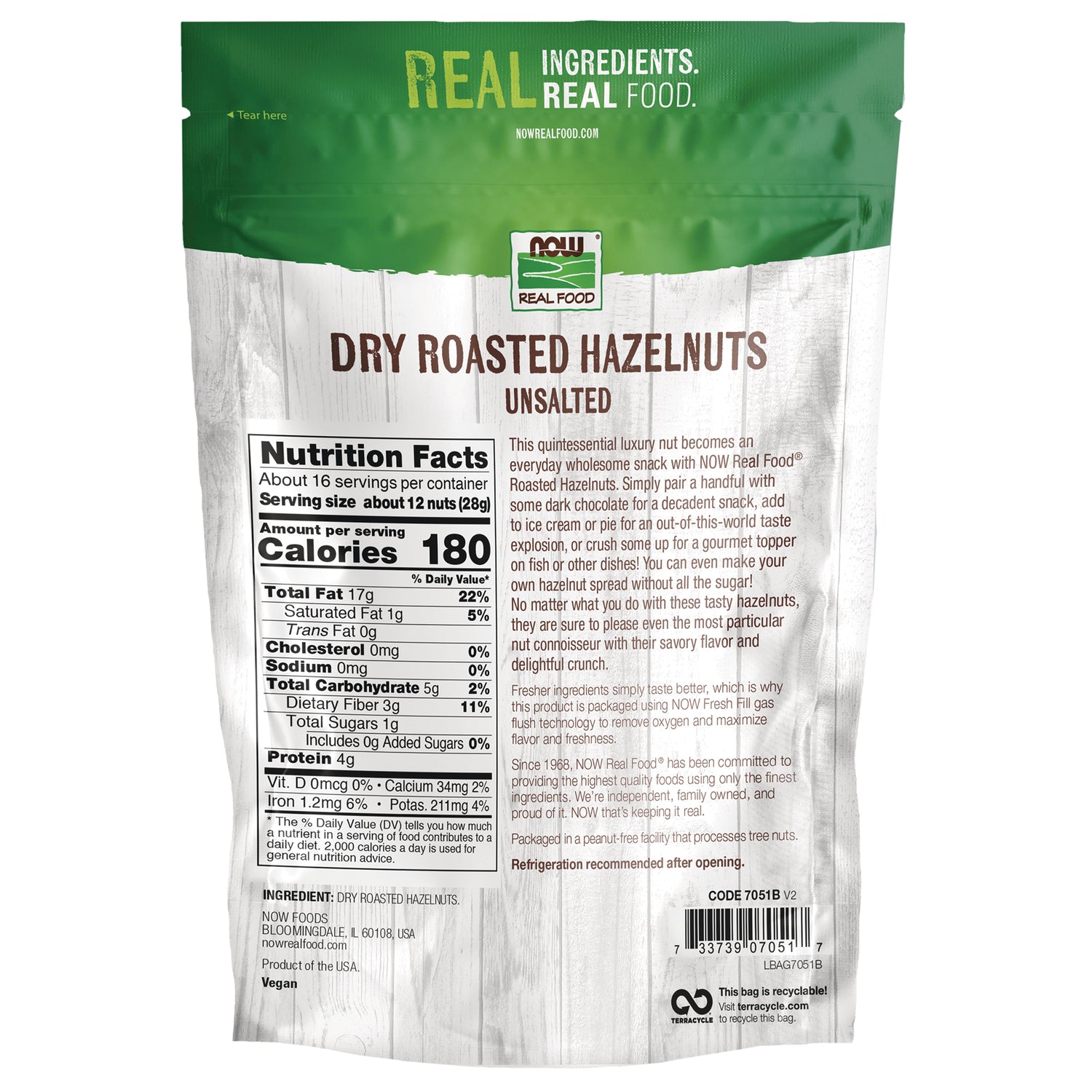 NWF1423 | Back of bag showing nutrition facts, ingredient panel, and text for unsalted dry roasted hazelnuts