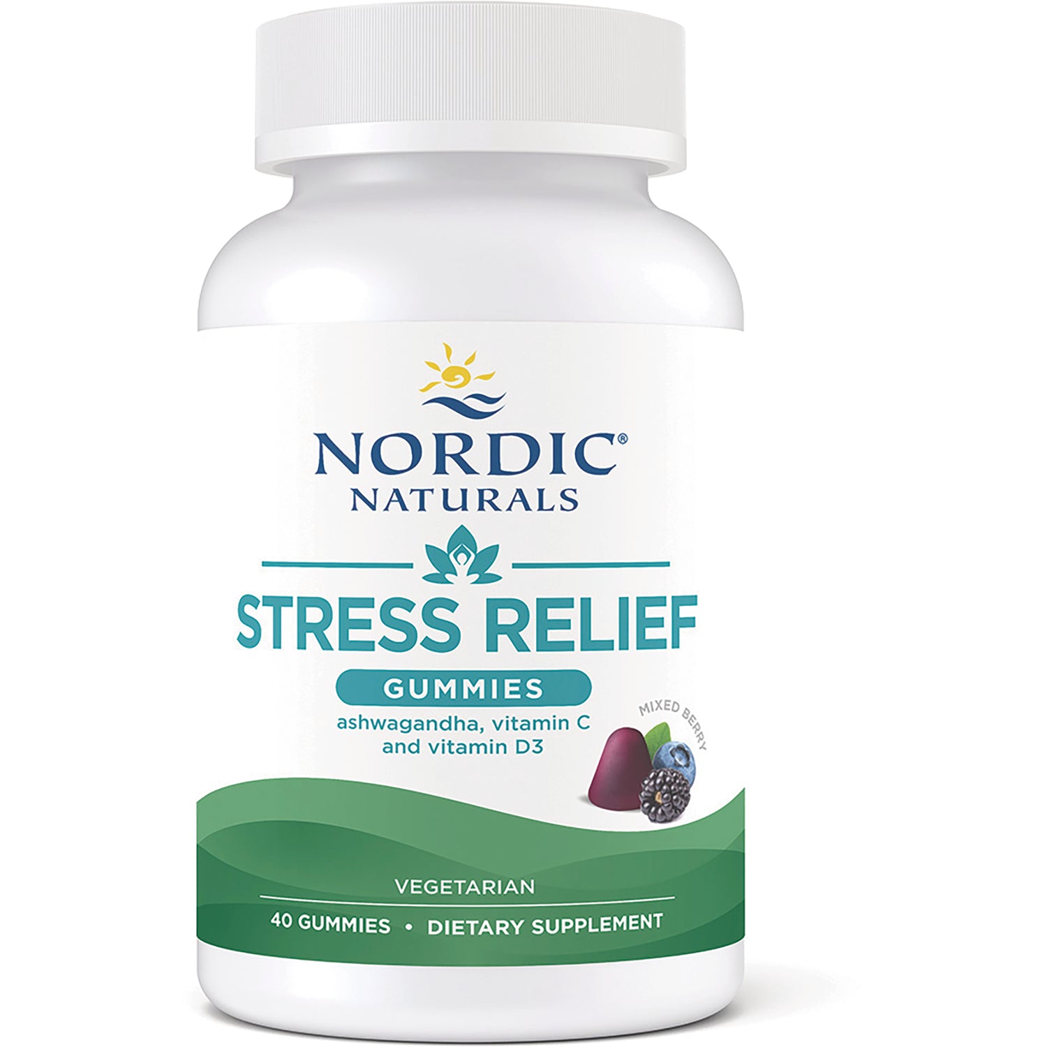 NRN126 | Nordic Naturals Stress Relief gummies bottle, mixed berry flavor front label showing vegetarian and 40 gummies
