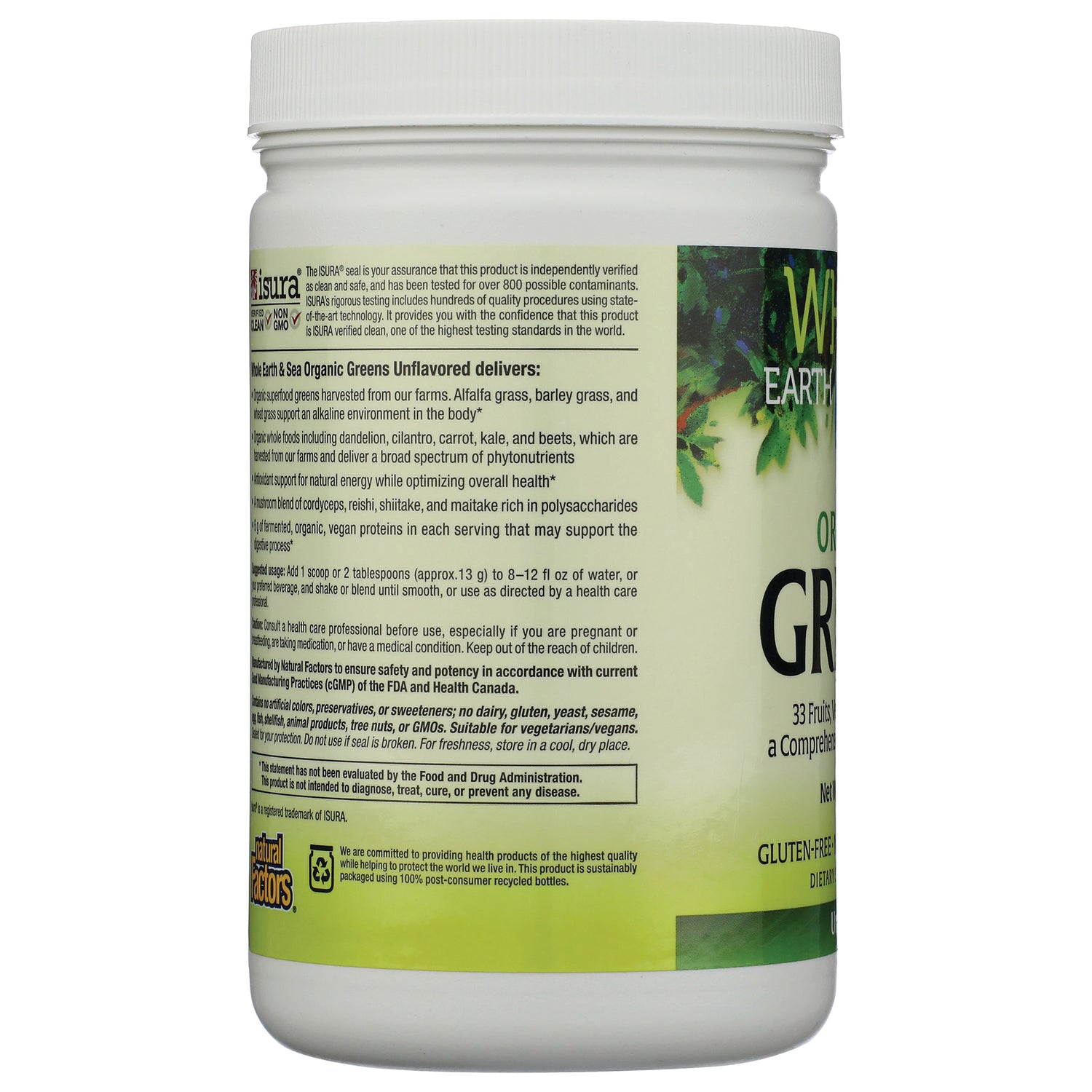 NFC201 | back label of white supplement tub showing ingredients, directions, and certifications