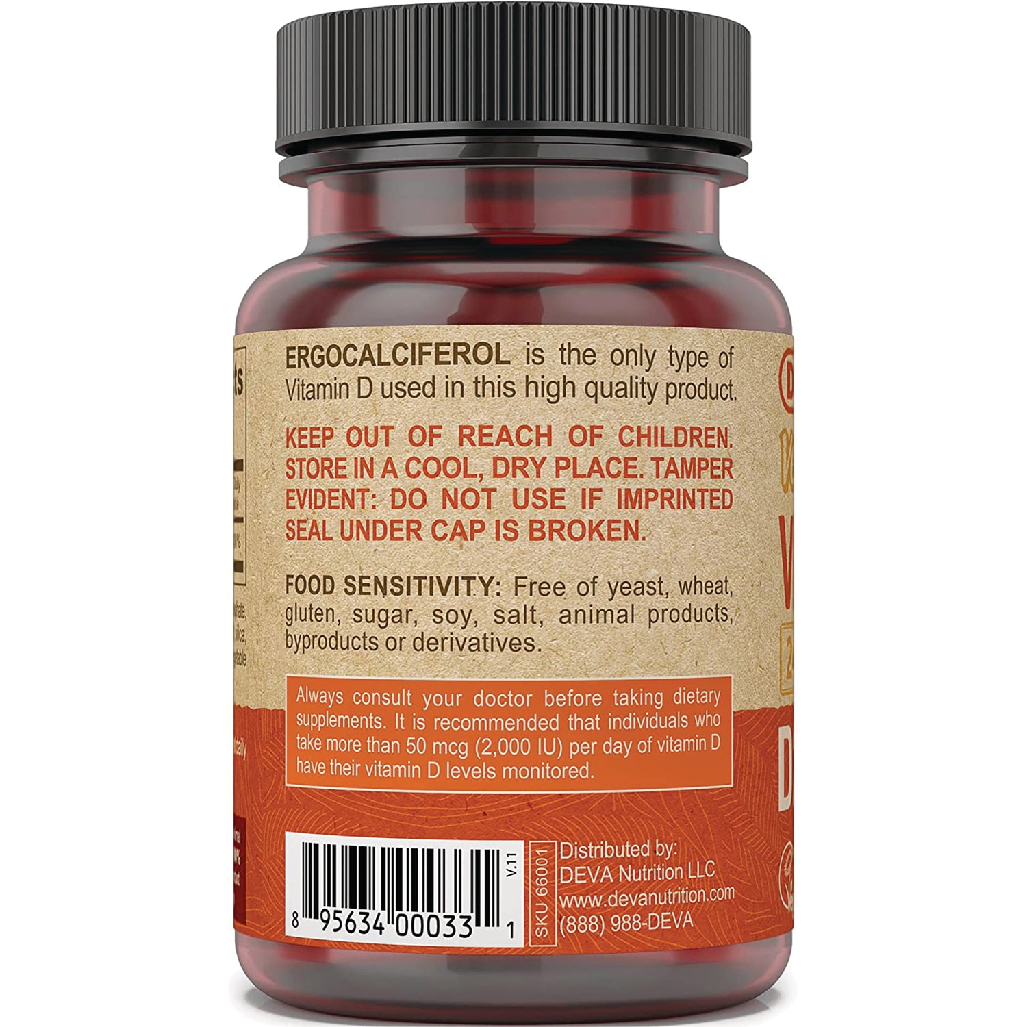 DEV034 | Back label of brown supplement bottle with warning KEEP OUT OF REACH OF CHILDREN, food sensitivity info and barcode