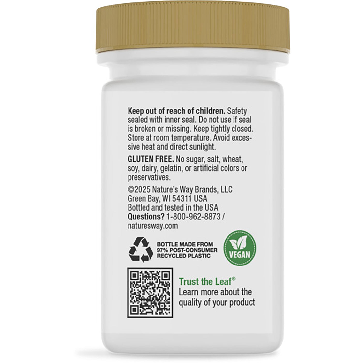 NW321 | back of green-capped supplement bottle showing label text about cellular energy, barcode, and recycling icons