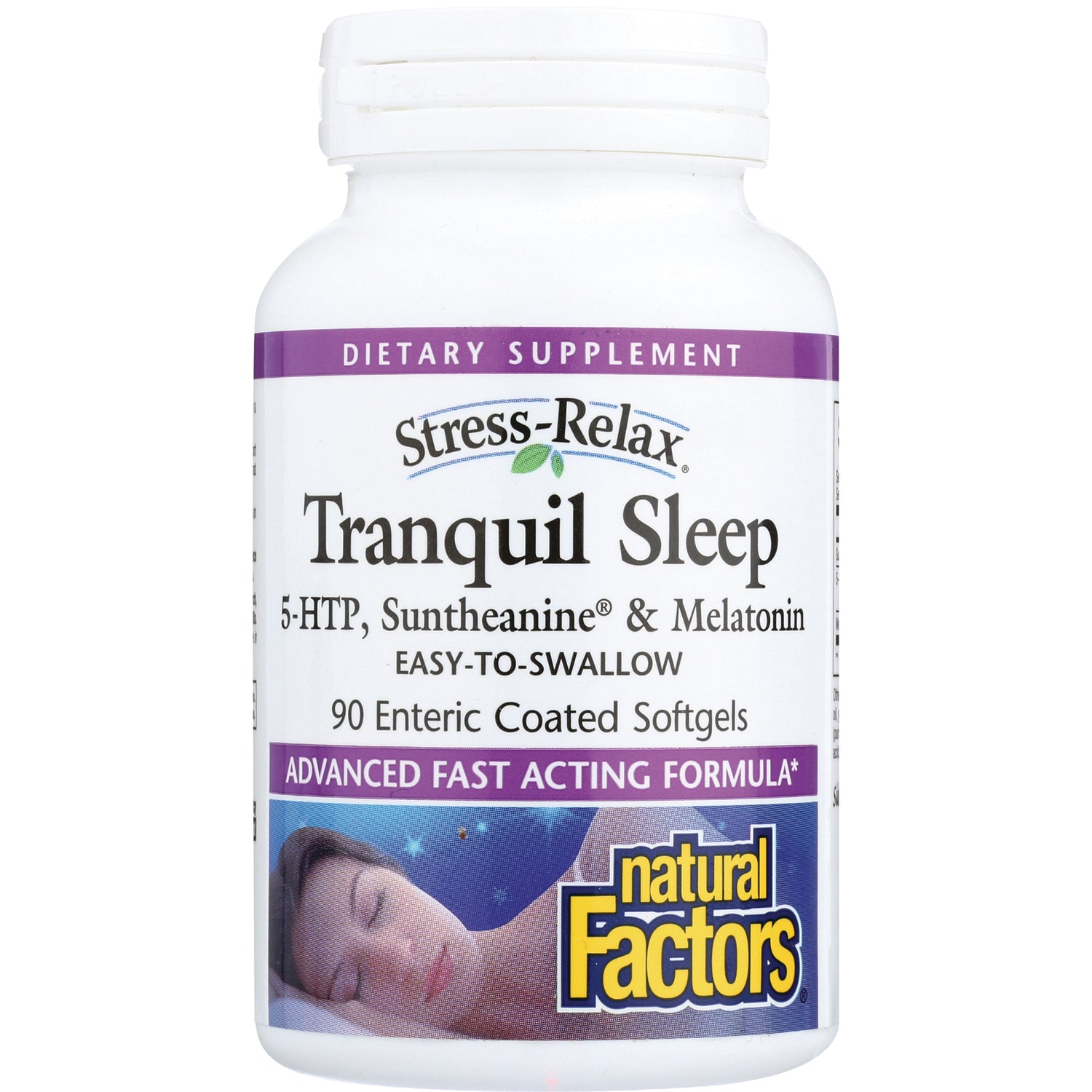 NFC146 | Natural Factors Stress-Relax Tranquil Sleep bottle showing label, 90 enteric coated softgels and sleeping woman