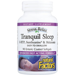 NFC146 | Natural Factors Stress-Relax Tranquil Sleep bottle showing label, 90 enteric coated softgels and sleeping woman