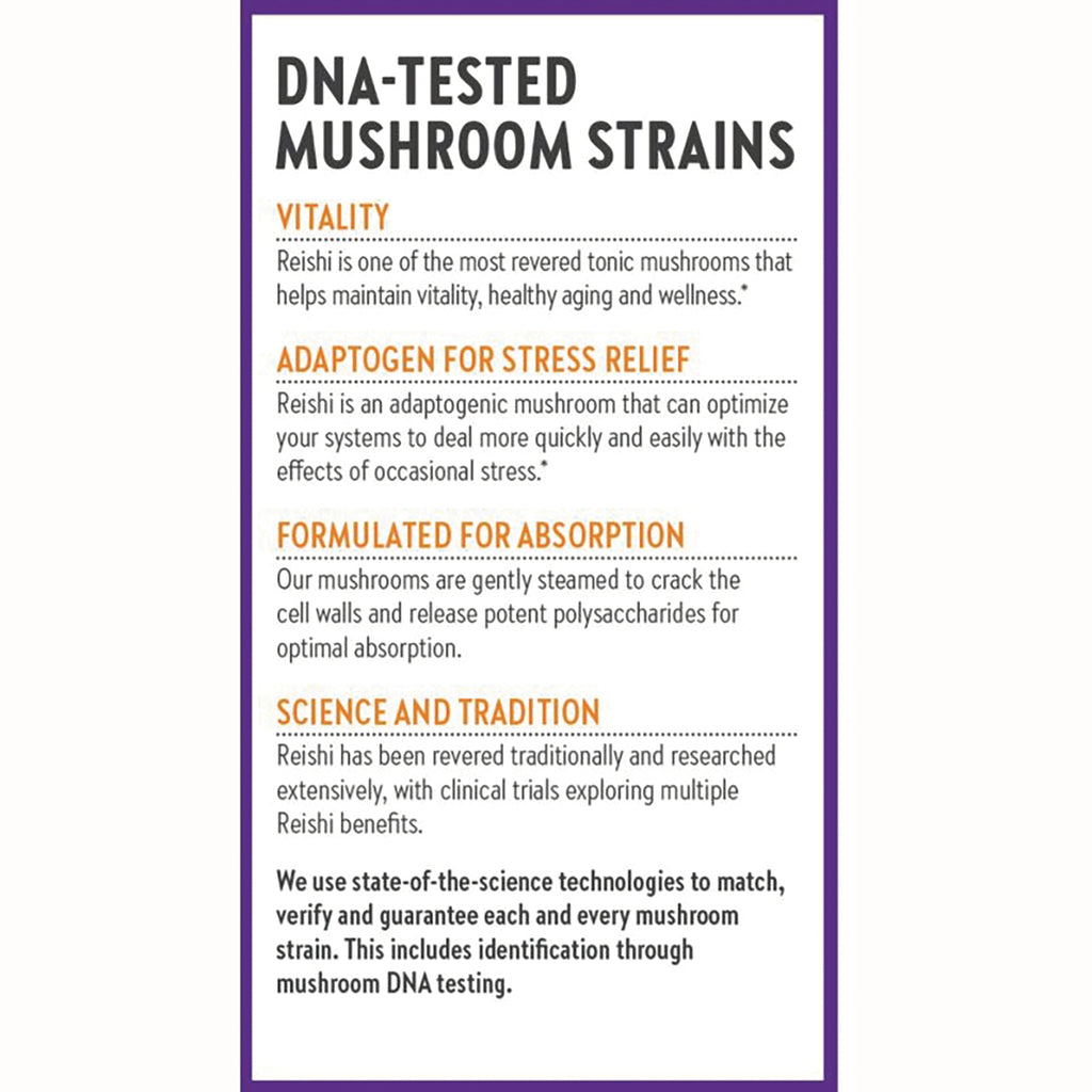NWC269 | Infographic titled DNA-TESTED MUSHROOM STRAINS listing vitality, stress relief, absorption, and science and tradition - Thumbnail