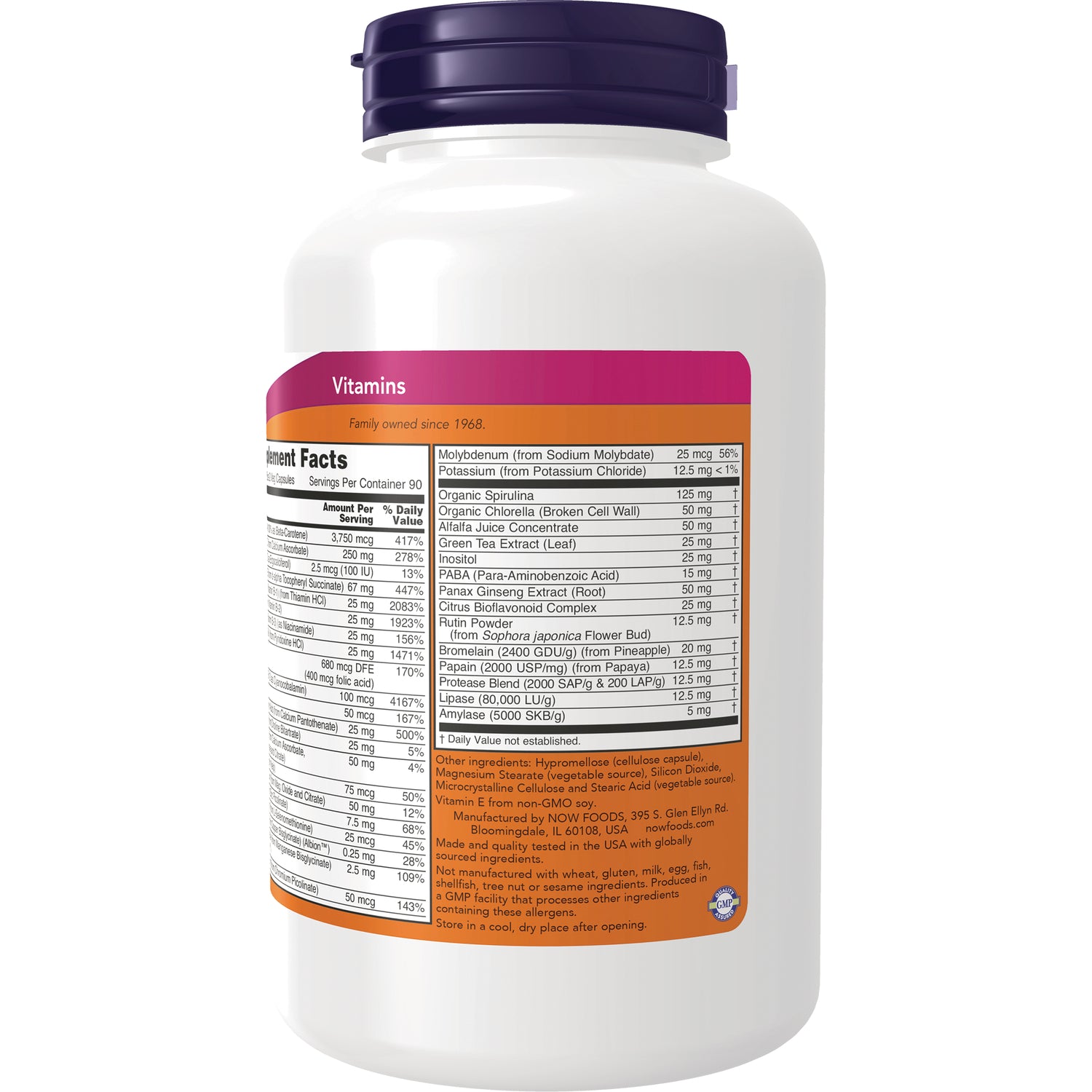 NWF304 | Back of white supplement bottle showing Vitamins label with supplement facts and ingredients