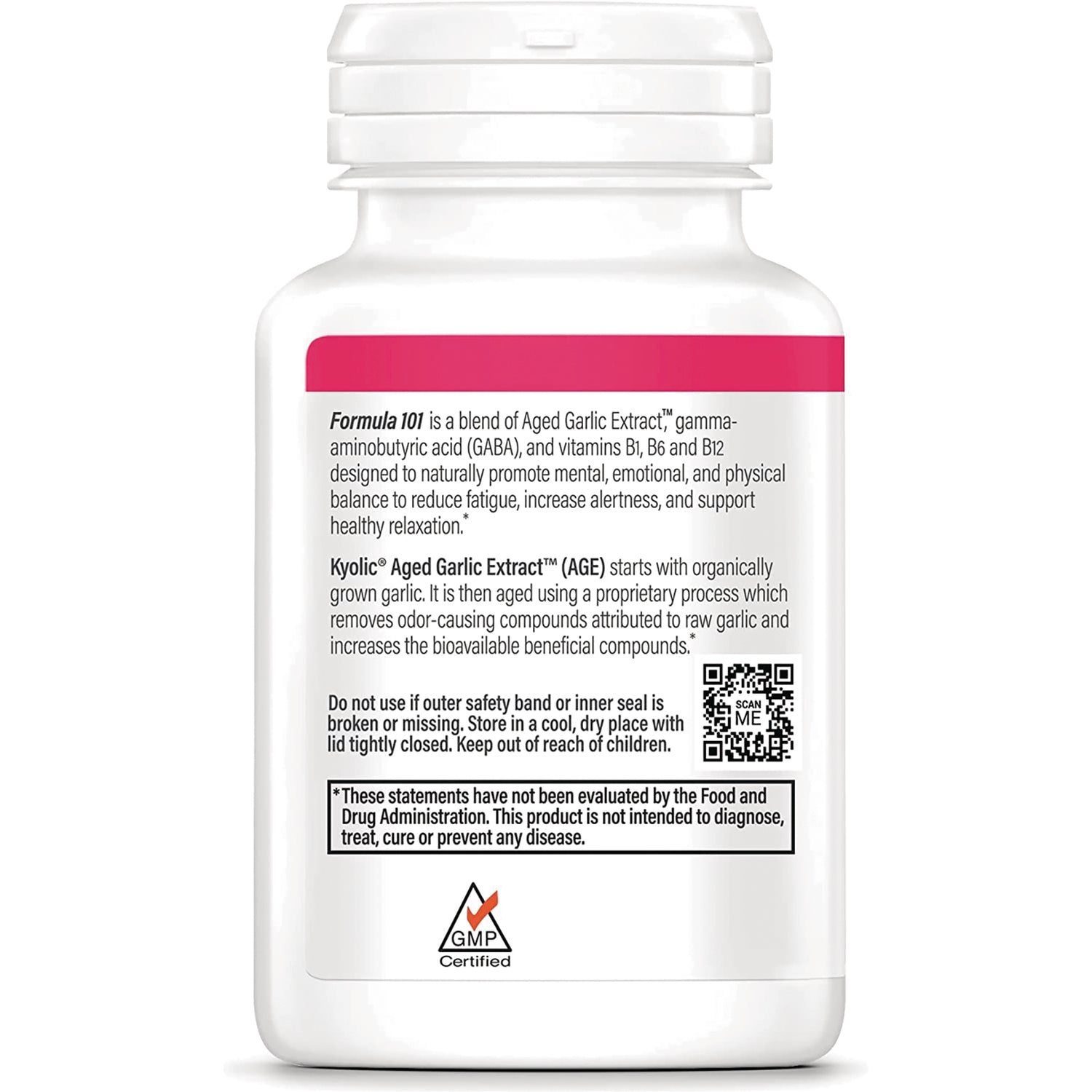 KY098 | back label of white supplement bottle showing product description, warnings, QR code and GMP Certified logo