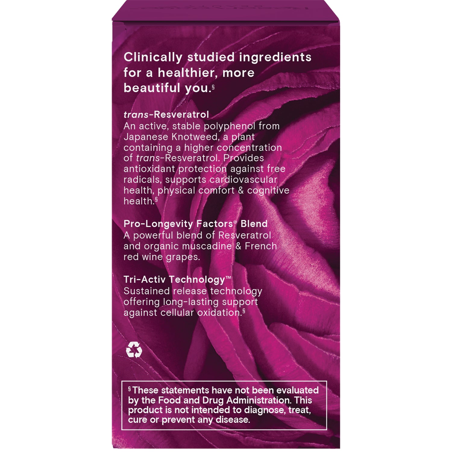 RSA038 | Back of purple product box with trans-Resveratrol info, Pro-Longevity Blend, Tri-Activ Technology and FDA disclaimer