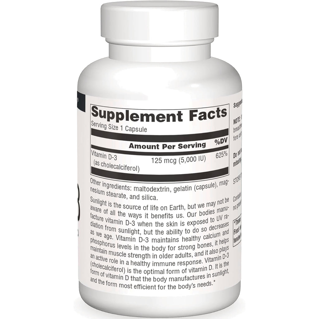 SN831 | Back label supplement facts for Vitamin D-3 125 mcg (5,000 IU) - Thumbnail