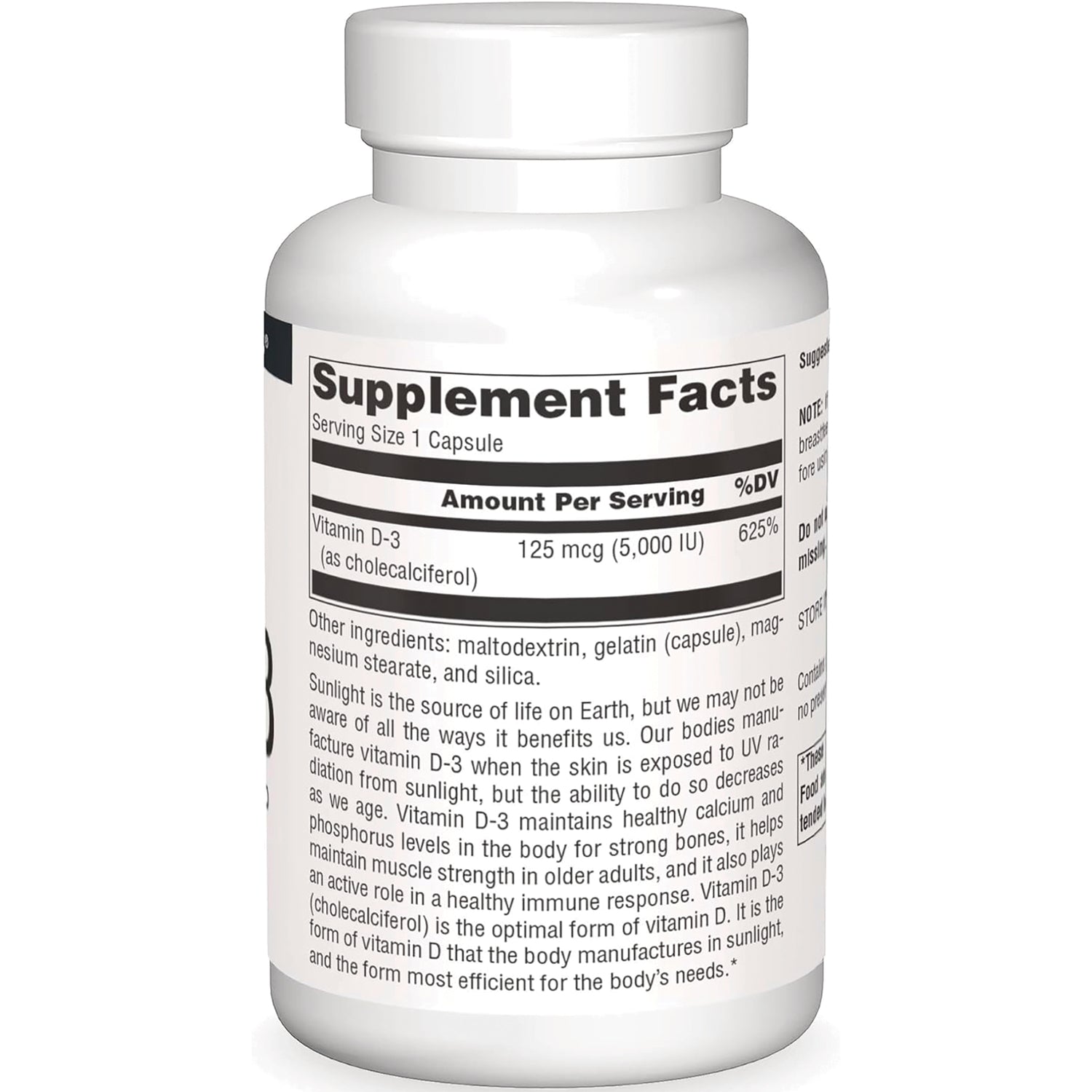 SN831 | Back label supplement facts for Vitamin D-3 125 mcg (5,000 IU)