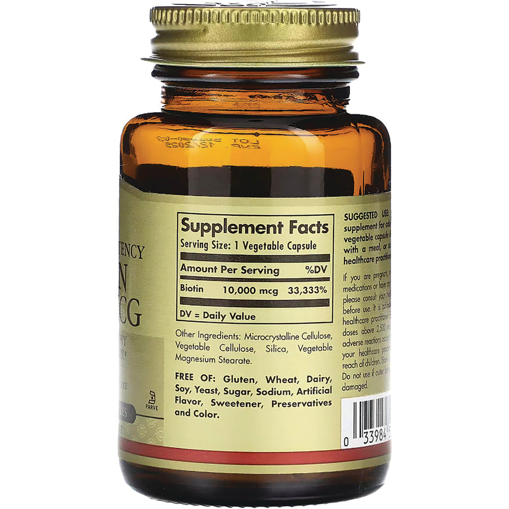 SLG341 | Back of amber supplement bottle showing Supplement Facts panel with Biotin 10,000 mcg and ingredients list - Thumbnail