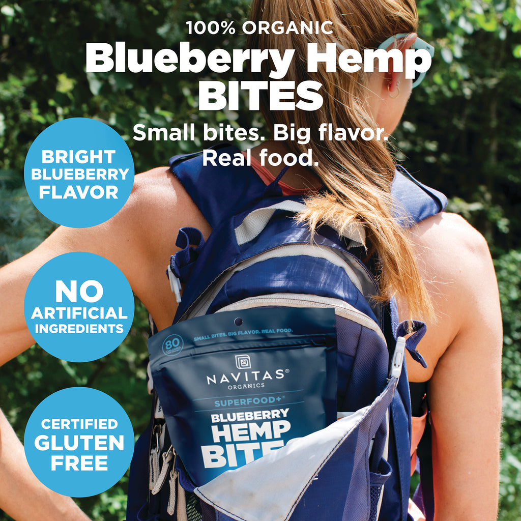 NAV042 | Product infographic of Navitas Blueberry Hemp Bites pouch in a backpack with badges Bright blueberry flavor, No artificial ingredients, Certified gluten free - Thumbnail