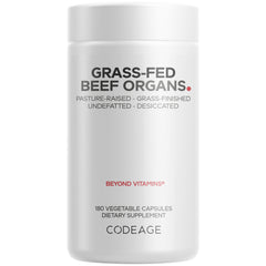CDG024 | White supplement bottle labeled GRASS-FED BEEF ORGANS freeze-dried raw 180 vegetable capsules